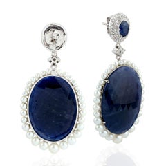 68.6 Carat Blue Sapphire Diamond Pearl 18 Karat White Gold Earrings