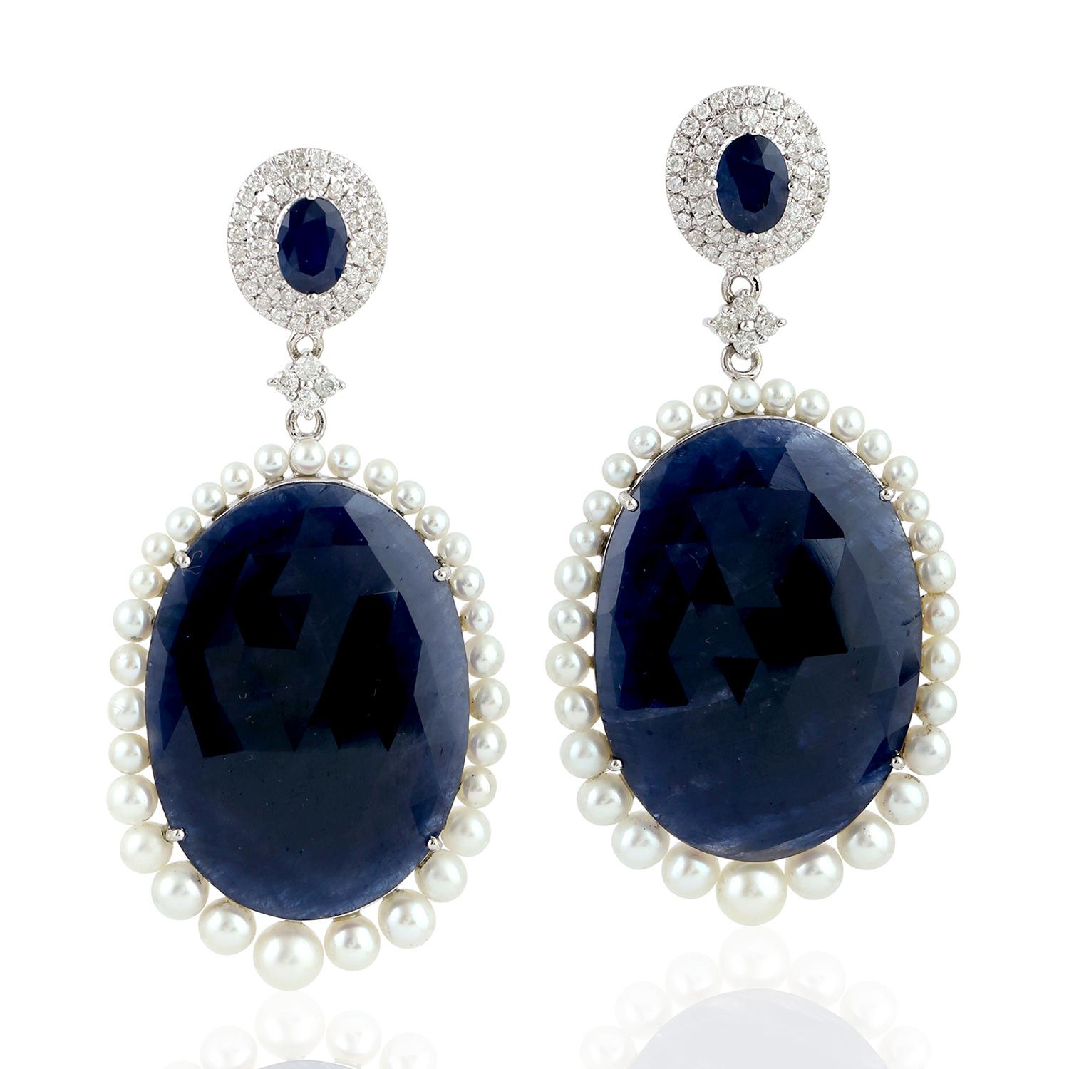 Modern 68.6 Carat Blue Sapphire Diamond Pearl 18 Karat White Gold Earrings For Sale