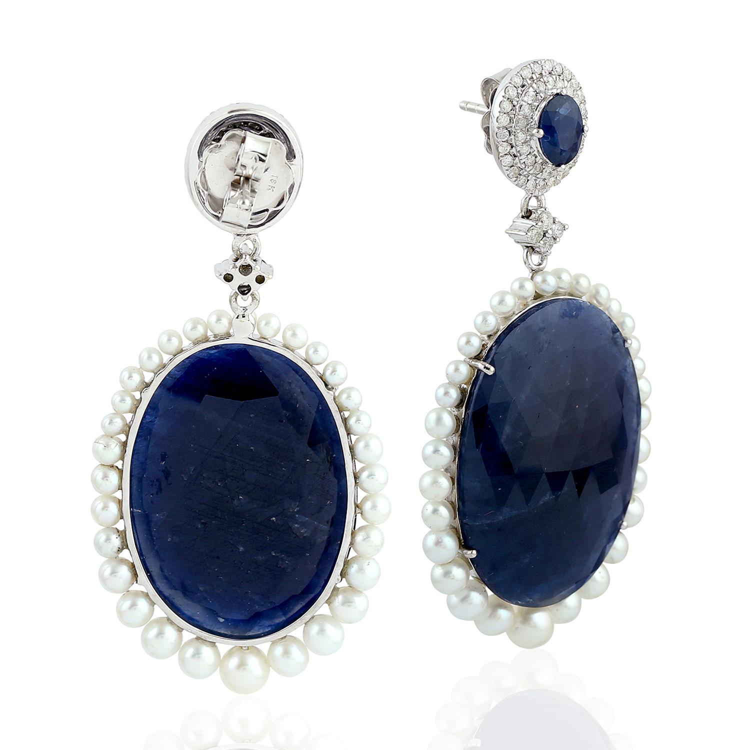 Rose Cut 68.6 Carat Blue Sapphire Diamond Pearl 18 Karat White Gold Earrings For Sale