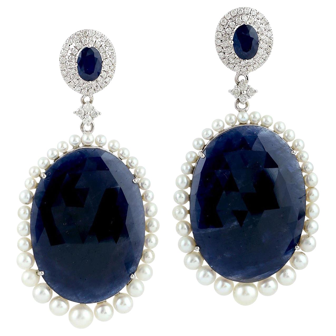 68.6 Carat Blue Sapphire Diamond Pearl 18 Karat White Gold Earrings