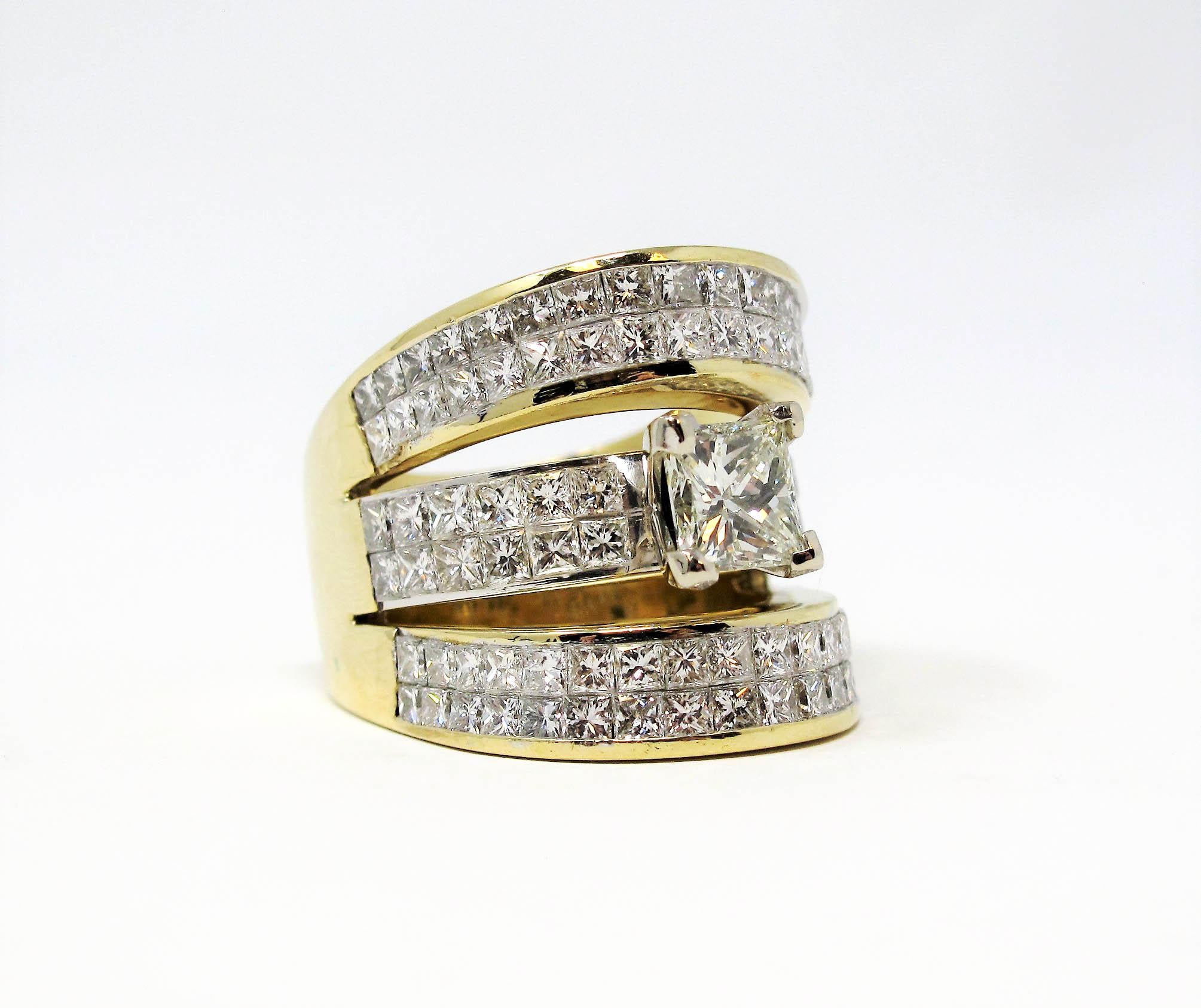 Ring Size: 8.25

This is not your every day statement ring! This magnificent, contemporary style multi-row diamond ring is bursting with sparkle from end to end. The striking ring features a Princess cut center stone accented by three embellished