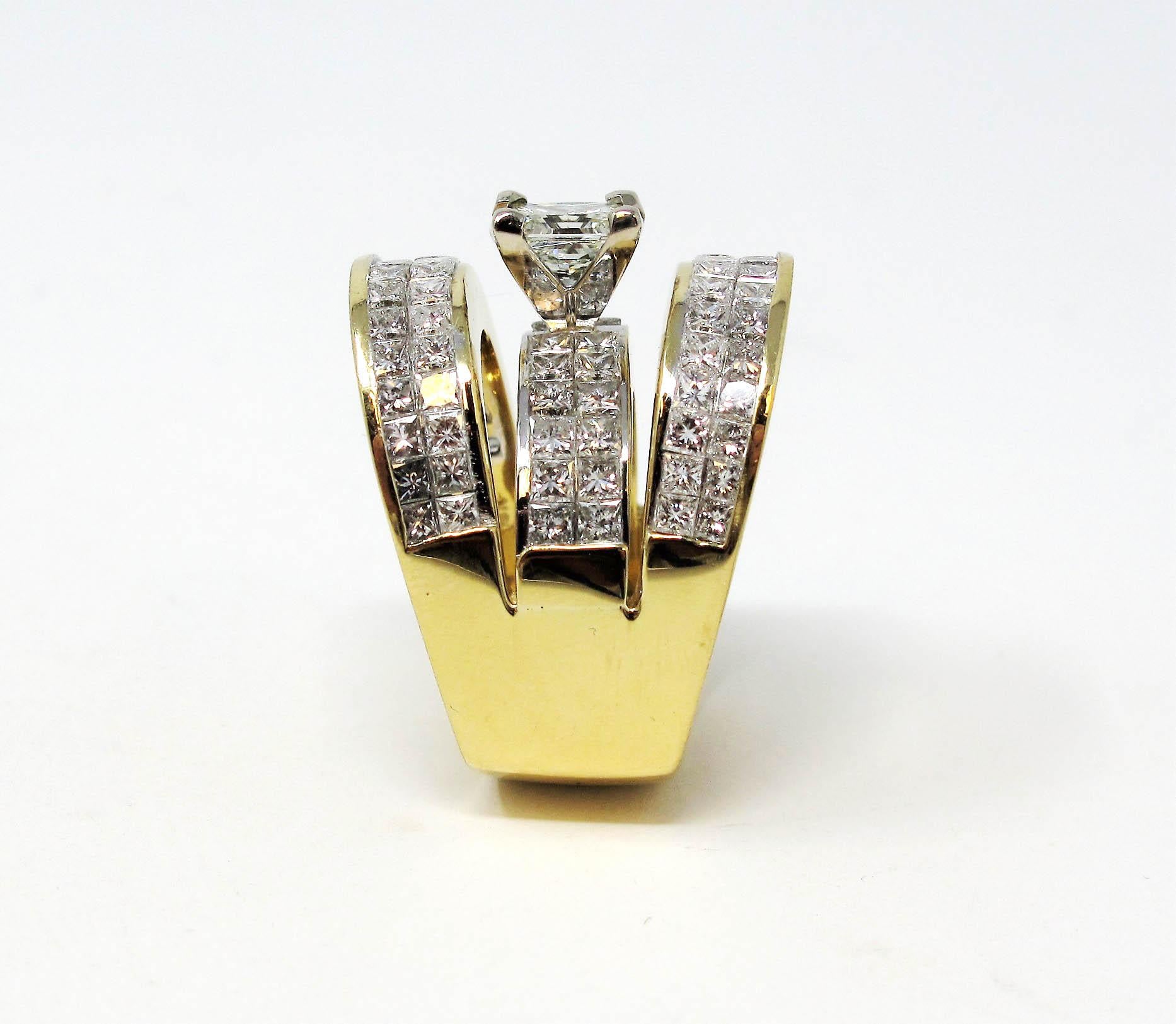 6.86 Carat Total Princess Cut Diamond Triple Row Wide Cocktail Ring 18K Gold In Good Condition For Sale In Scottsdale, AZ