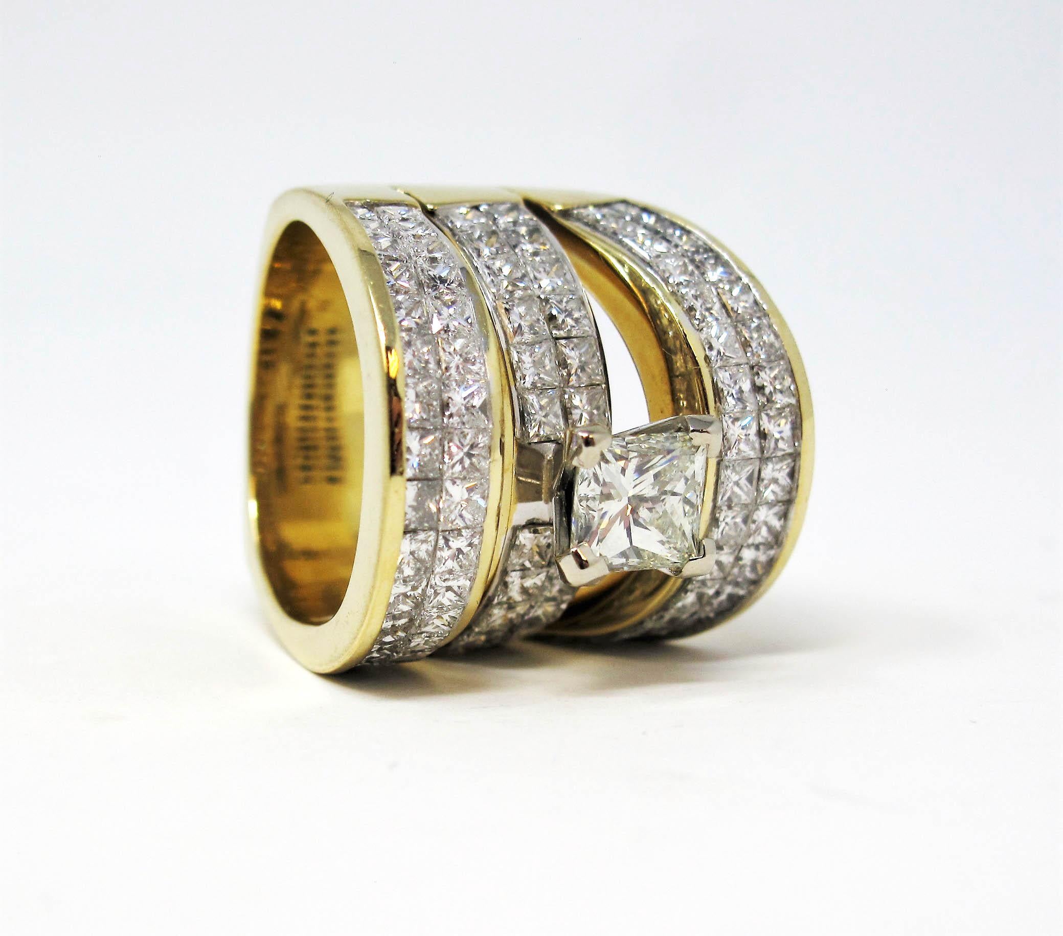 6.86 Carat Total Princess Cut Diamond Triple Row Wide Cocktail Ring 18K Gold For Sale 2