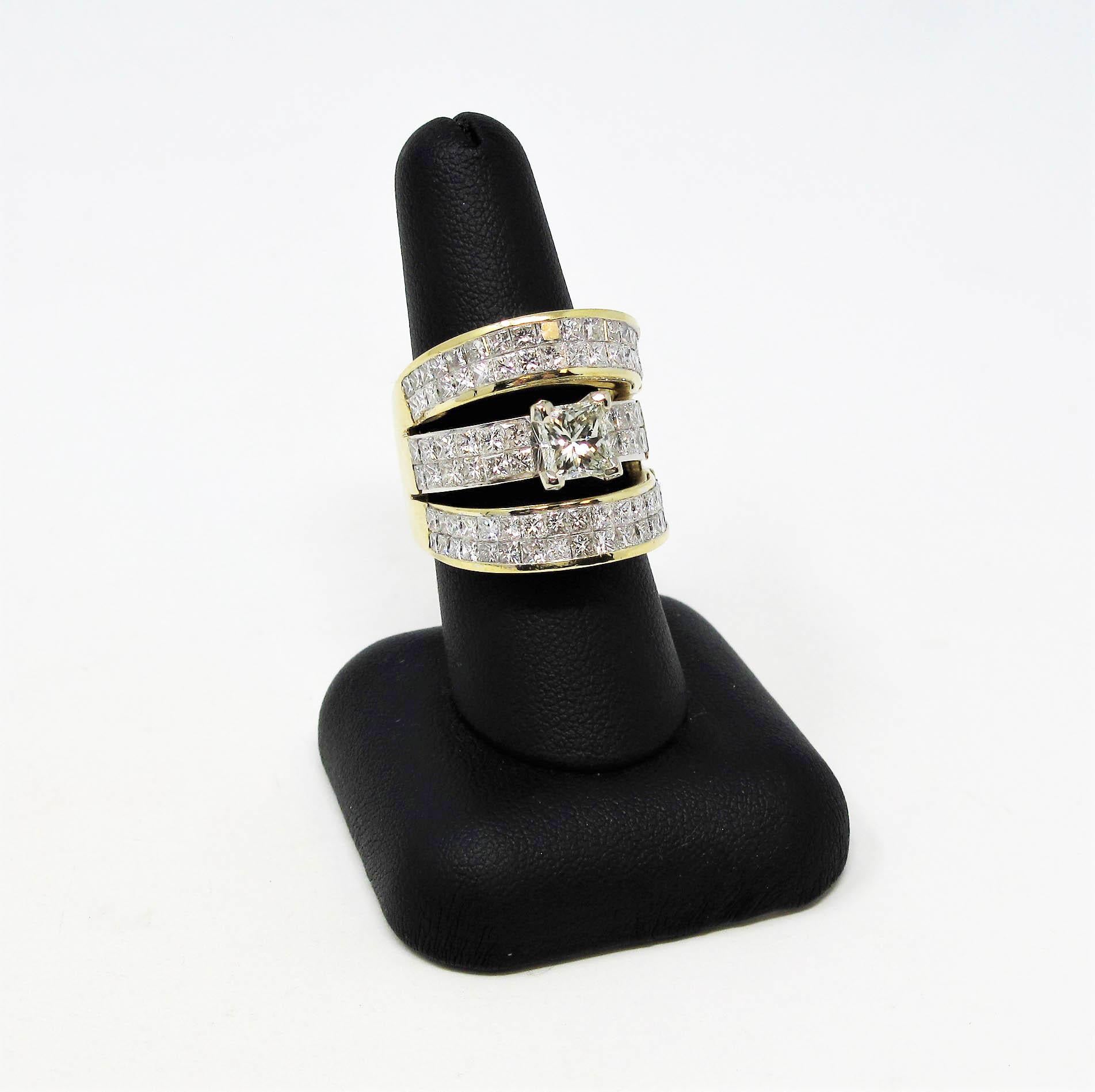 6.86 Carat Total Princess Cut Diamond Triple Row Wide Cocktail Ring 18K Gold For Sale 4