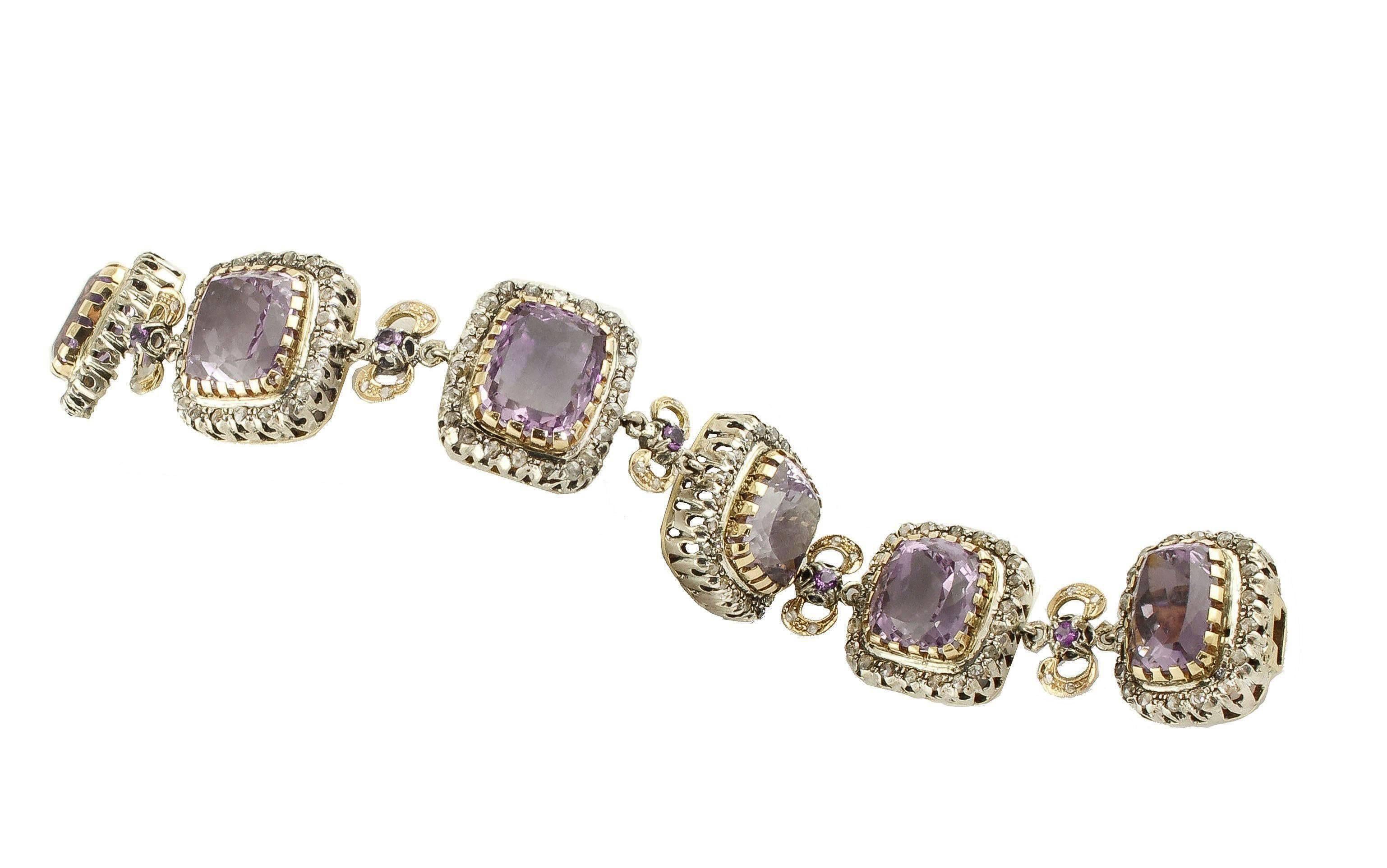 Rose Cut Amethysts, Diamonds, 14 Karat Rose Gold and Silver Link Bracelet For Sale
