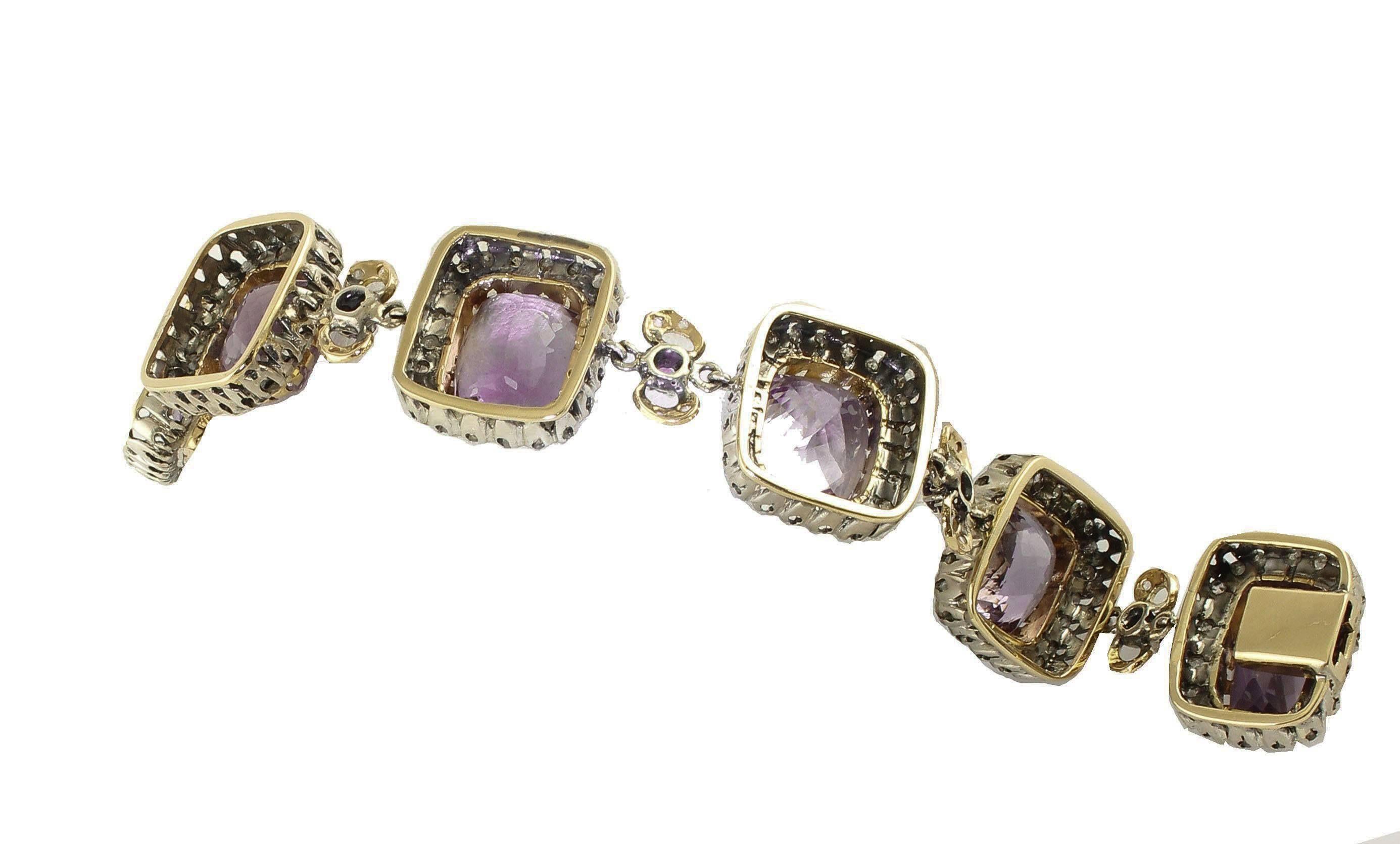 Amethysts, Diamonds, 14 Karat Rose Gold and Silver Link Bracelet In Good Condition For Sale In Marcianise, Marcianise (CE)