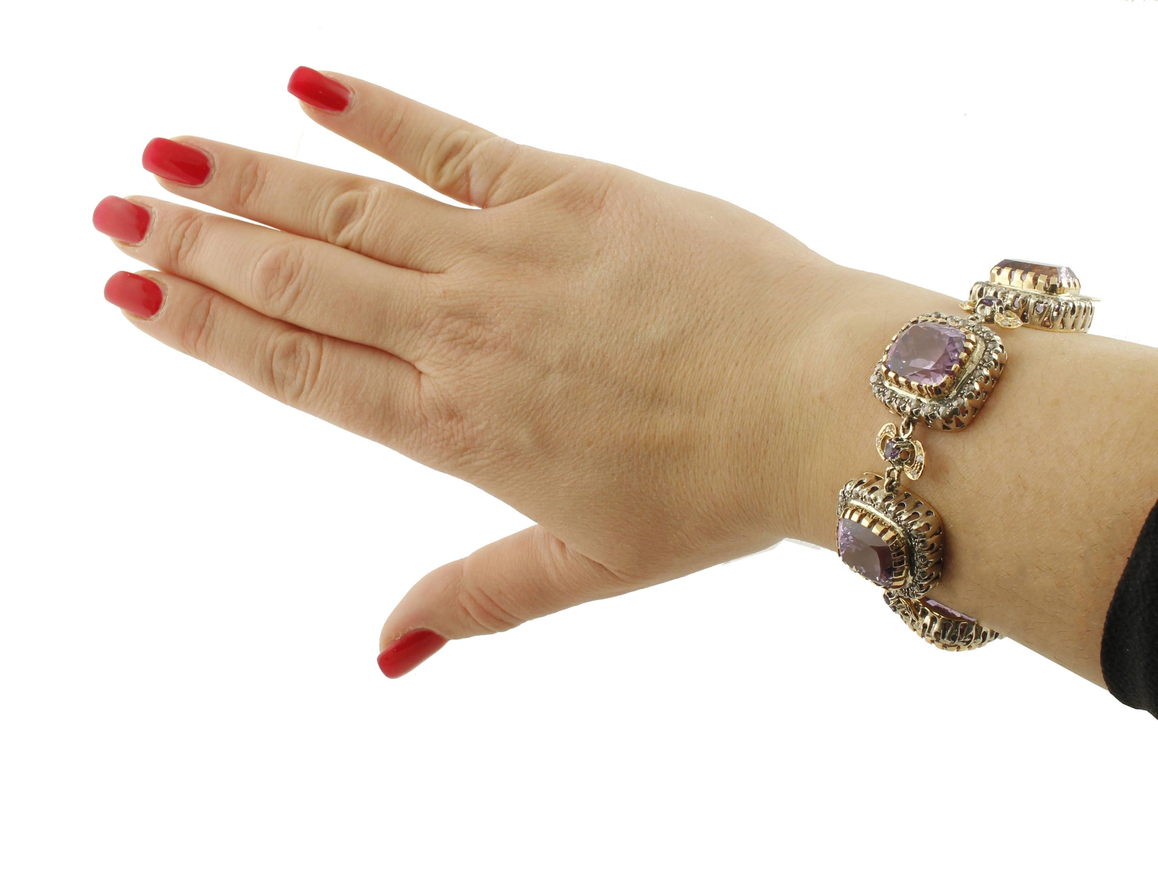 Women's Amethysts, Diamonds, 14 Karat Rose Gold and Silver Link Bracelet For Sale