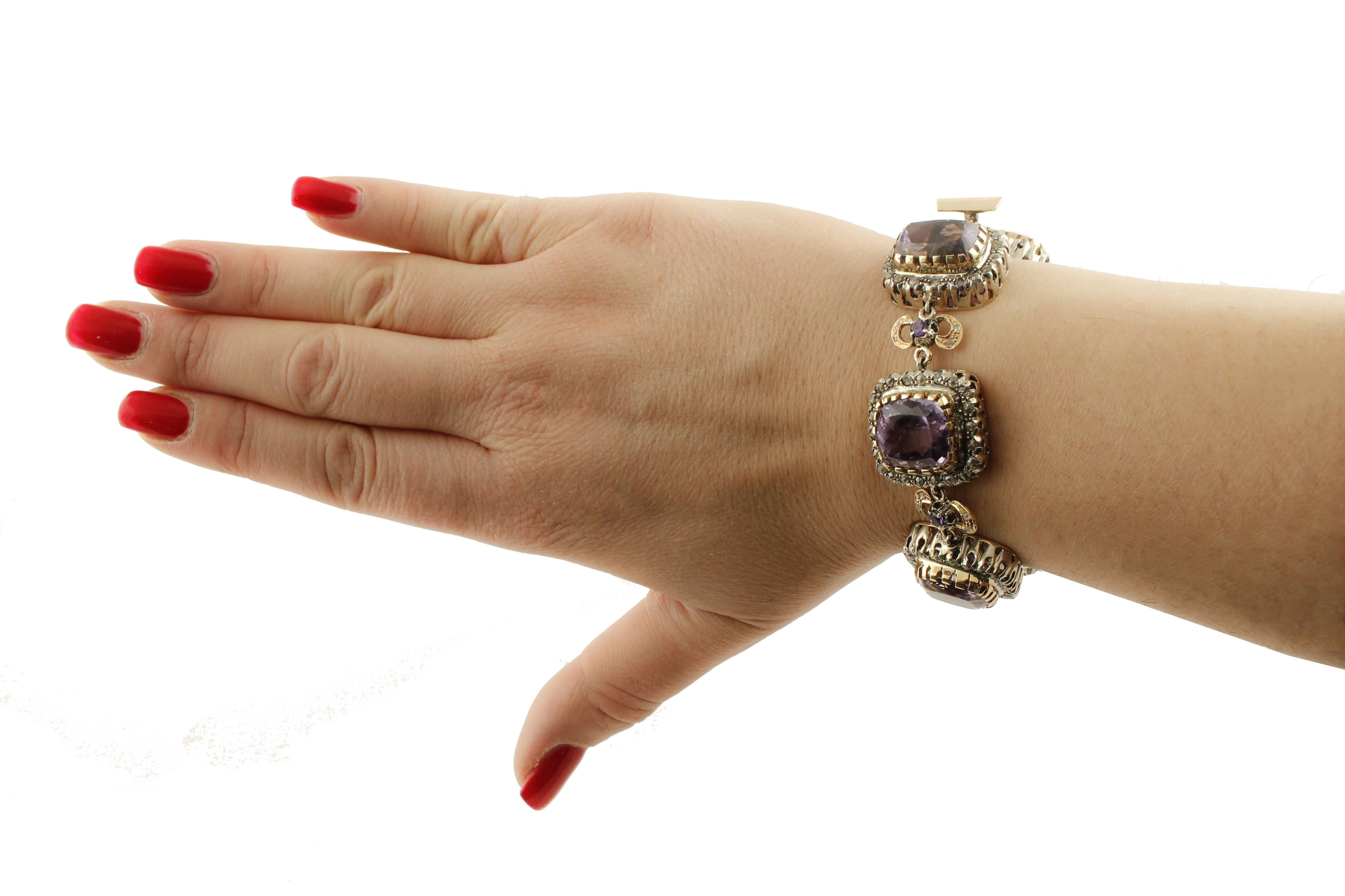 Amethysts, Diamonds, 14 Karat Rose Gold and Silver Link Bracelet For Sale 2