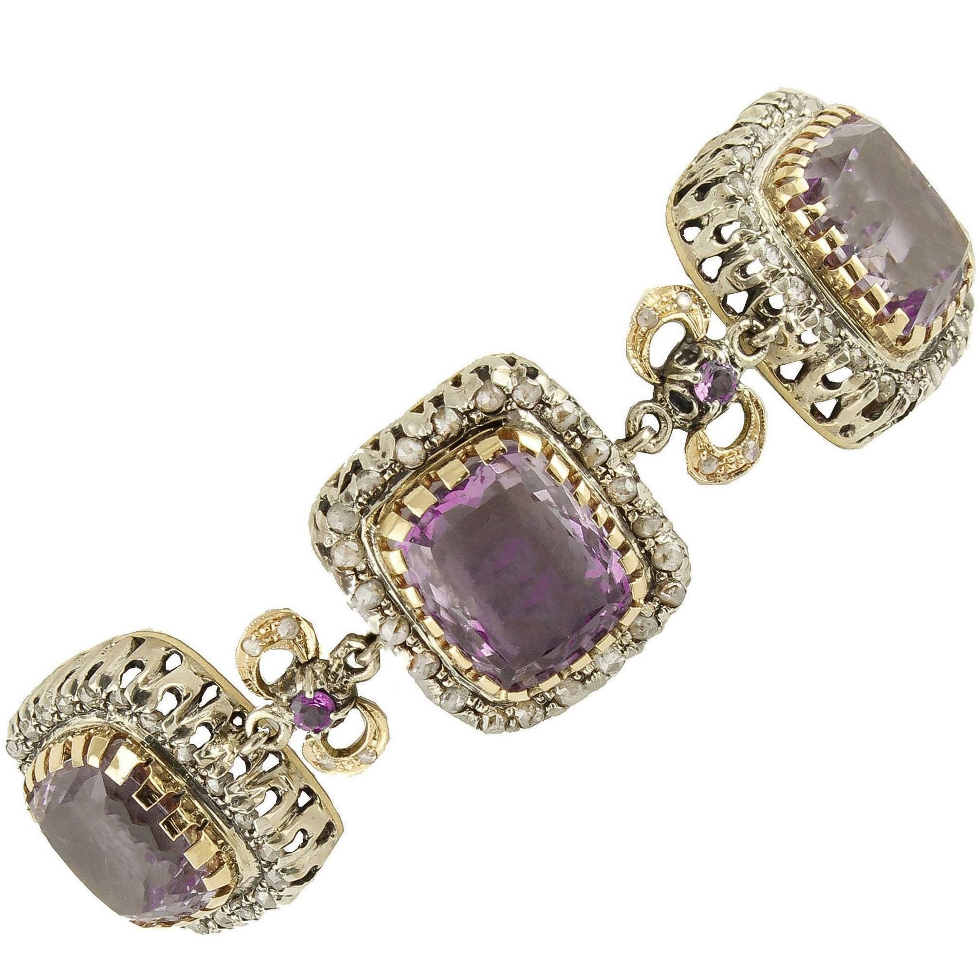 Amethysts, Diamonds, 14 Karat Rose Gold and Silver Link Bracelet For Sale