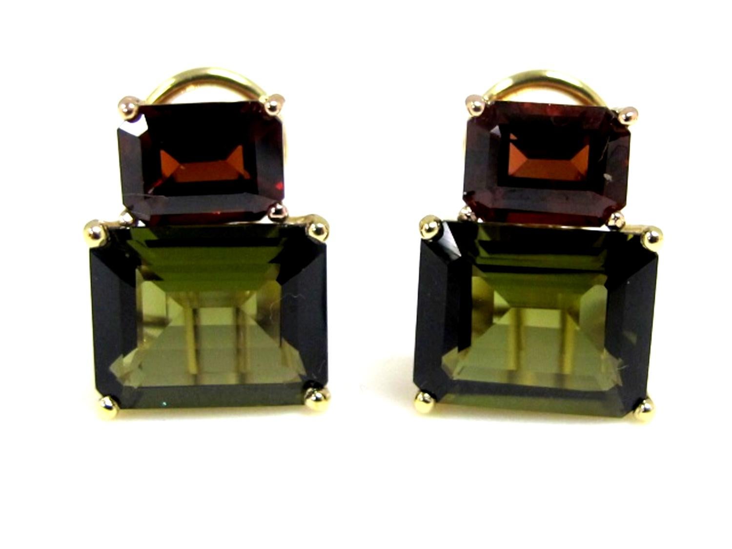 These chic earrings are reminiscent of late autumn olives ripening in an artisanal vineyard.  Handmade of 18k yellow and rose gold and featuring emerald-cut olive green tourmalines and deep, brick-red garnets. French clip backs are included for