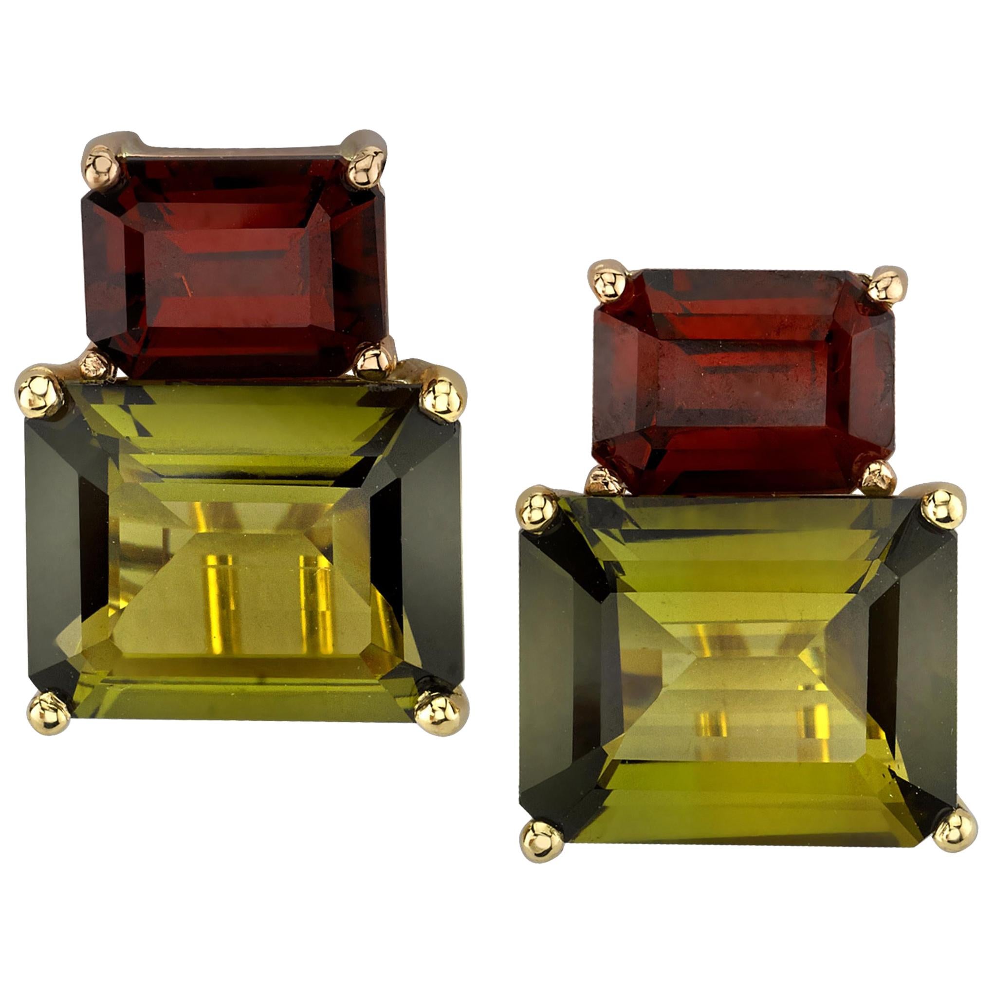 Olive Tourmaline & Garnet French Clip Earrings in Rose and Yellow Gold  For Sale