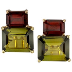 Olive Tourmaline & Garnet French Clip Earrings in Rose and Yellow Gold