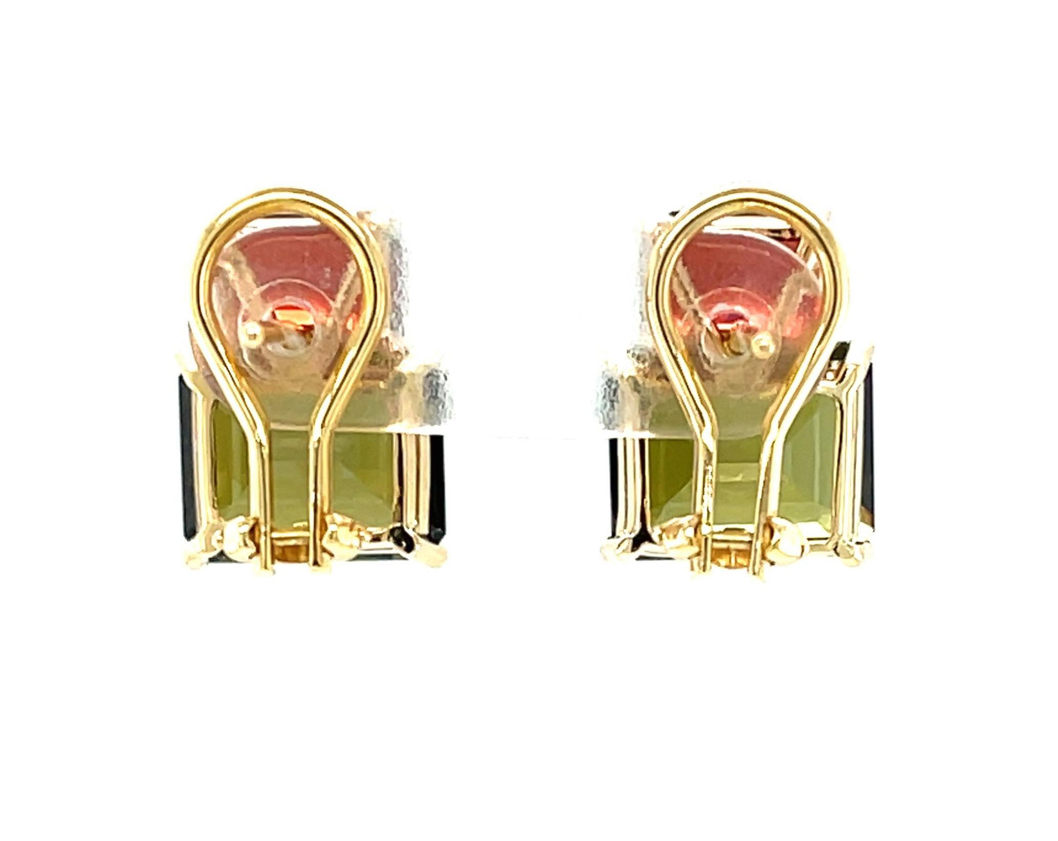Emerald Cut Olive Tourmaline & Garnet French Clip Earrings in Rose and Yellow Gold  For Sale