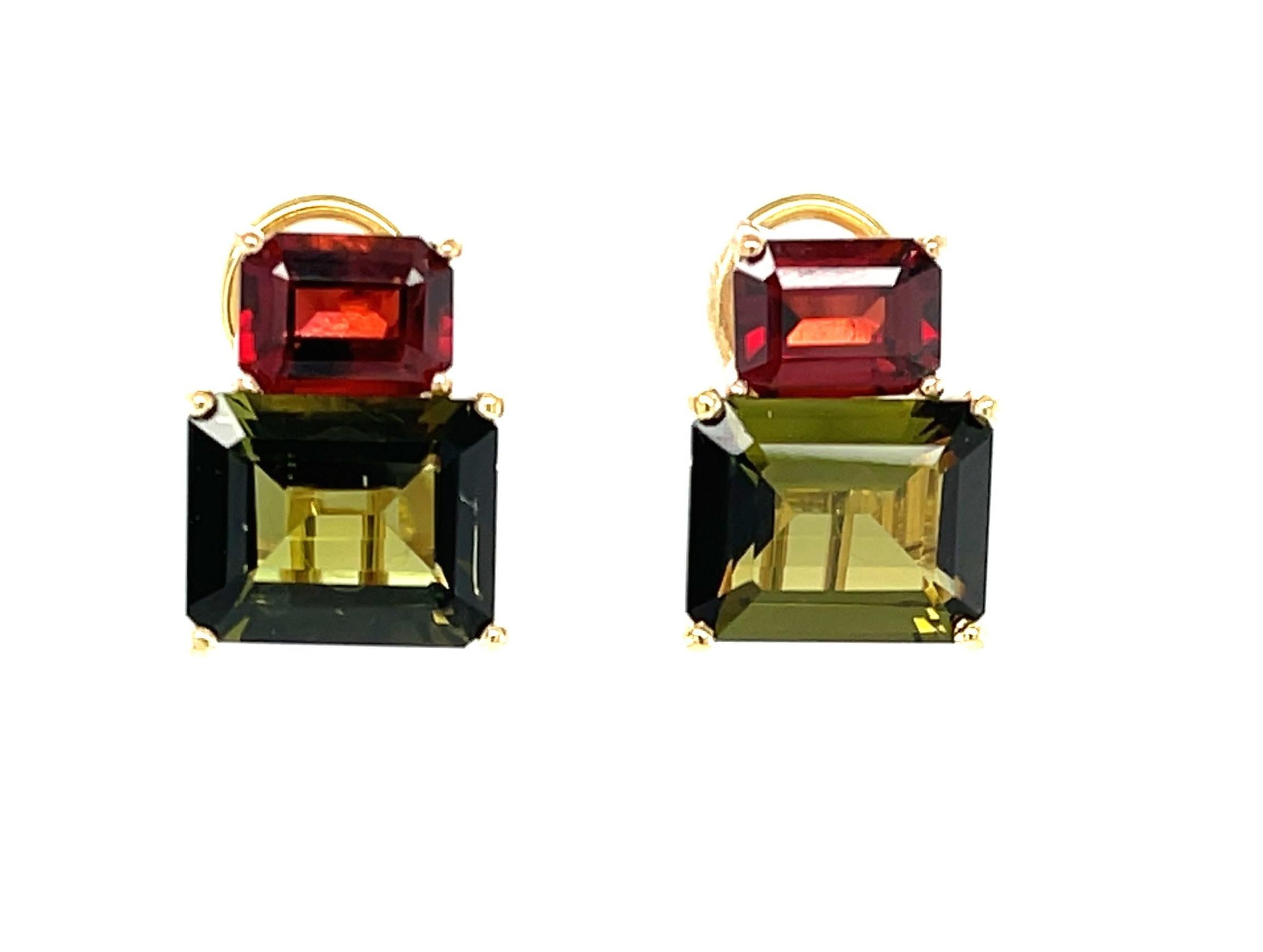 Women's Olive Tourmaline & Garnet French Clip Earrings in Rose and Yellow Gold  For Sale