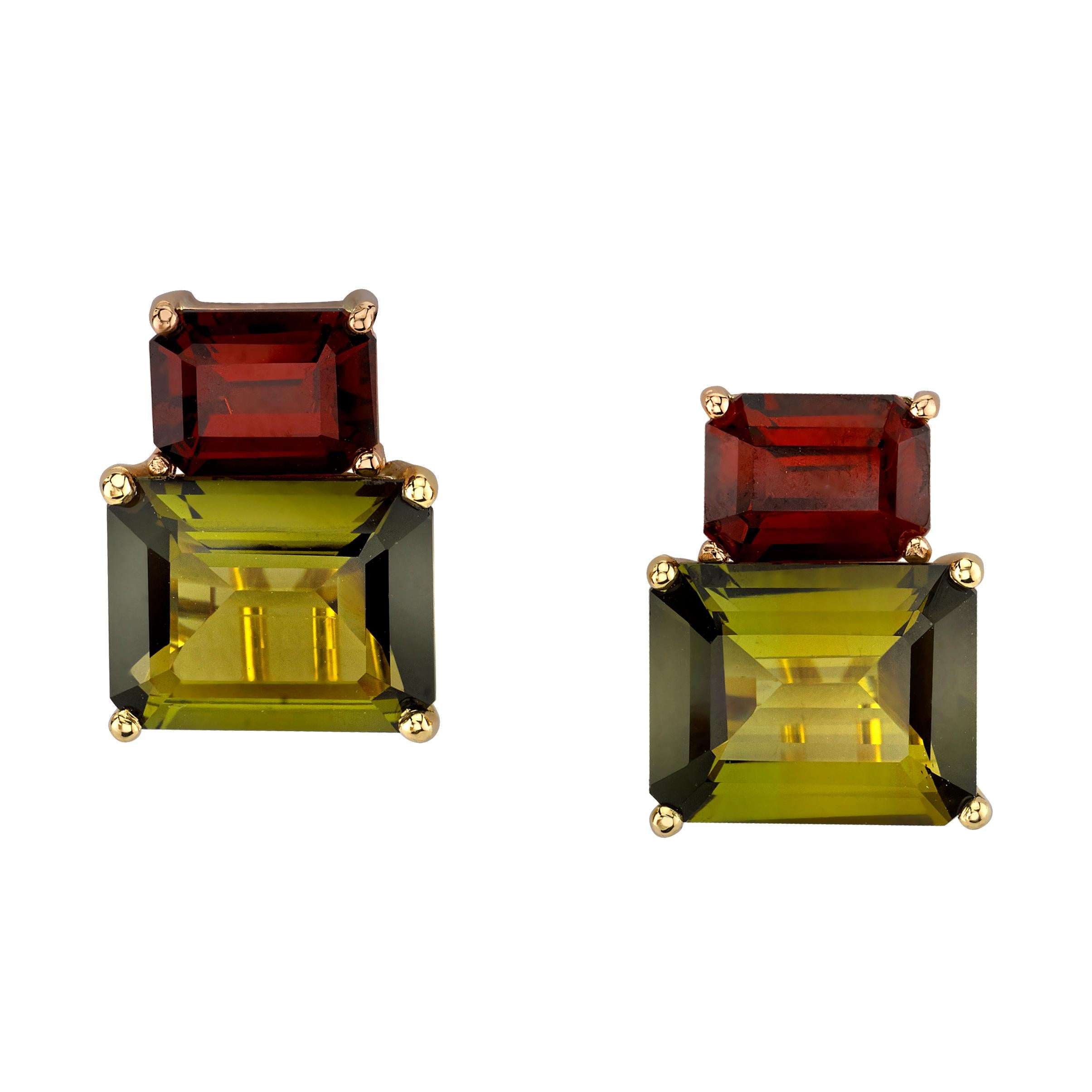 Olive Tourmaline & Garnet French Clip Earrings in Rose and Yellow Gold  2