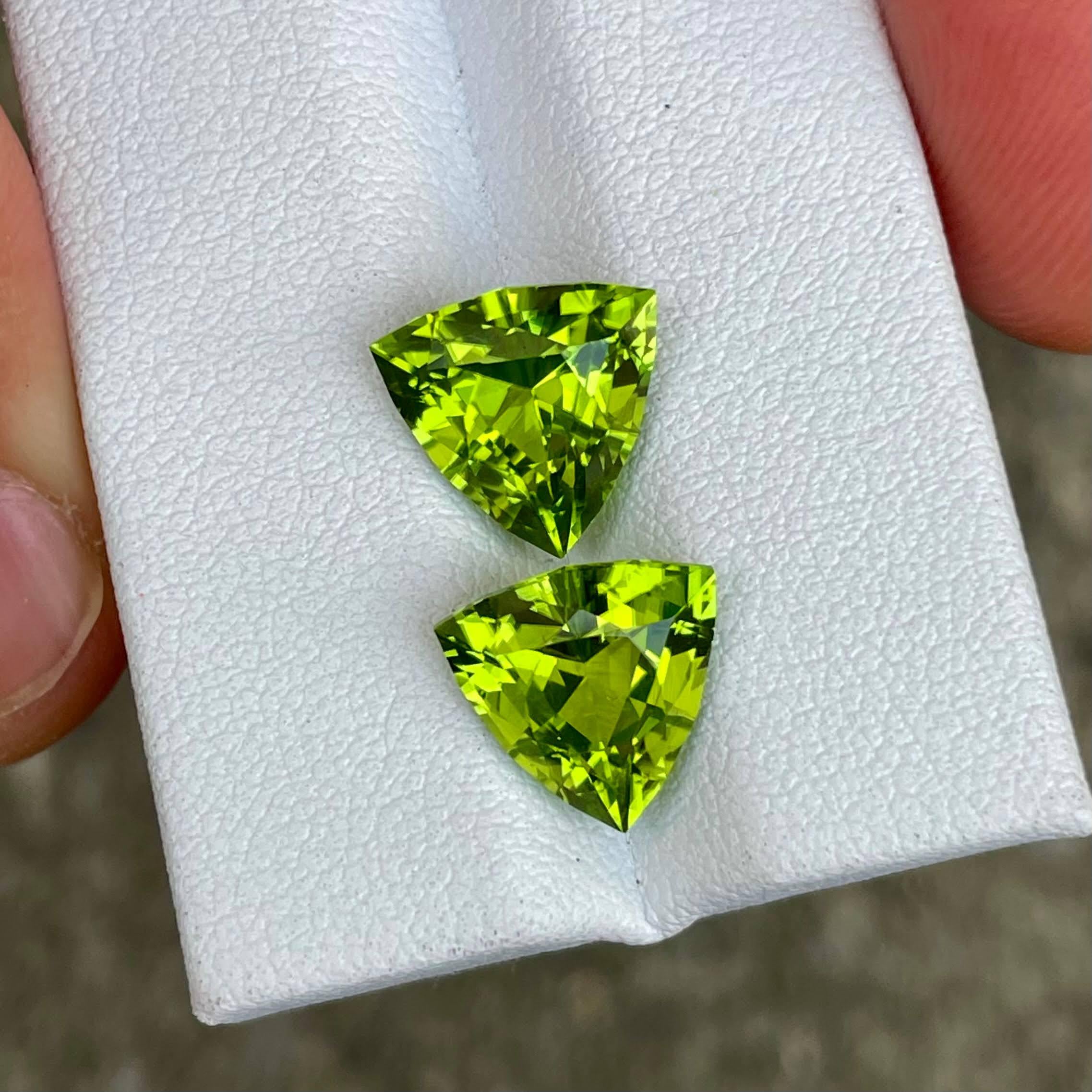 6,87 quilates Pareja de gemas de peridoto verde talla trillón Piedra preciosa natural paquistaní en venta 1