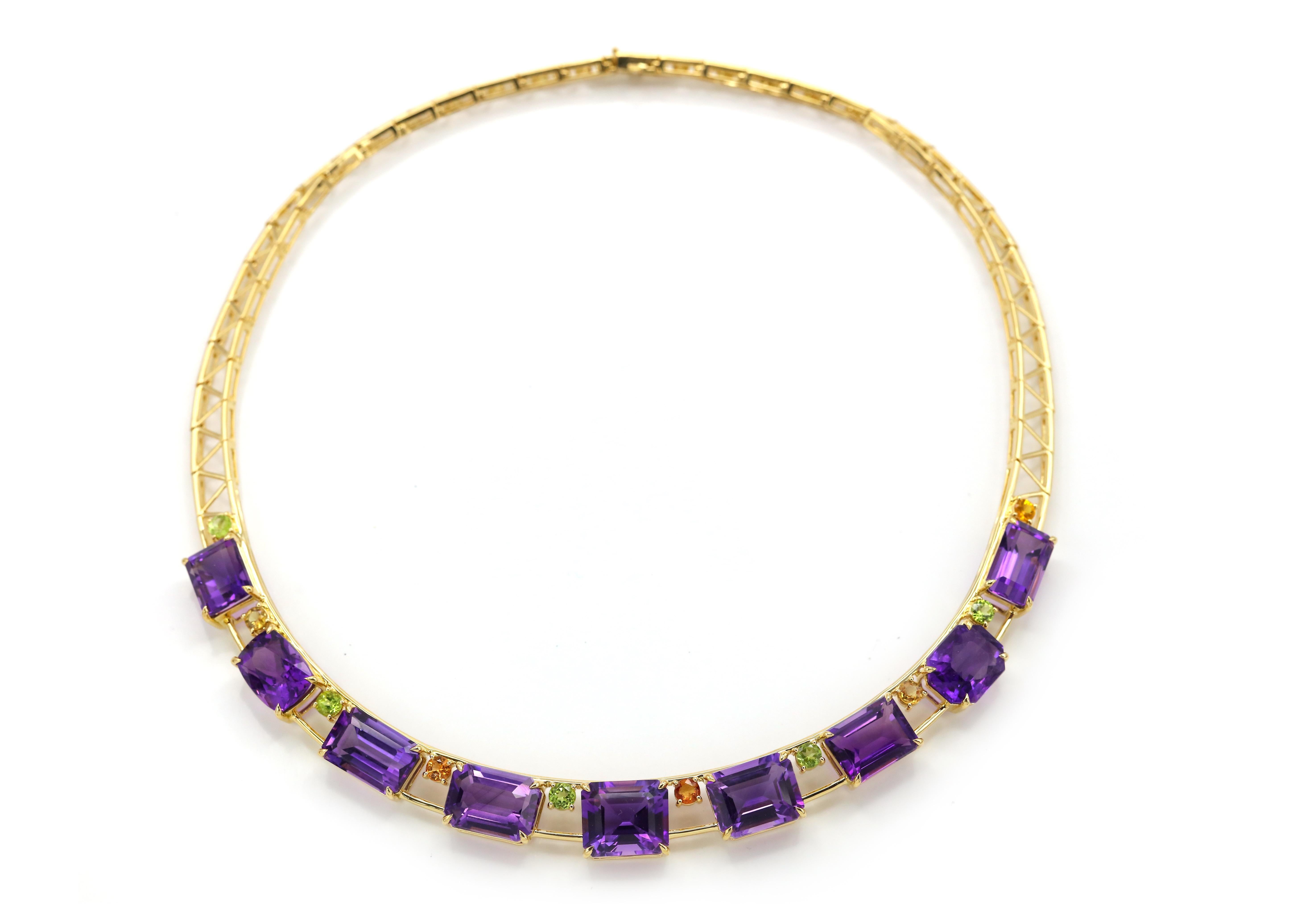 Mixed Cut 68.74ct Amethyst Orange Sapphire Peridot 18k Yellow Gold Necklace For Sale