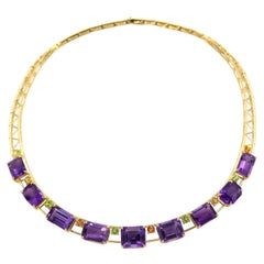 68.74ct Amethyst Orange Sapphire Peridot 18k Yellow Gold Necklace