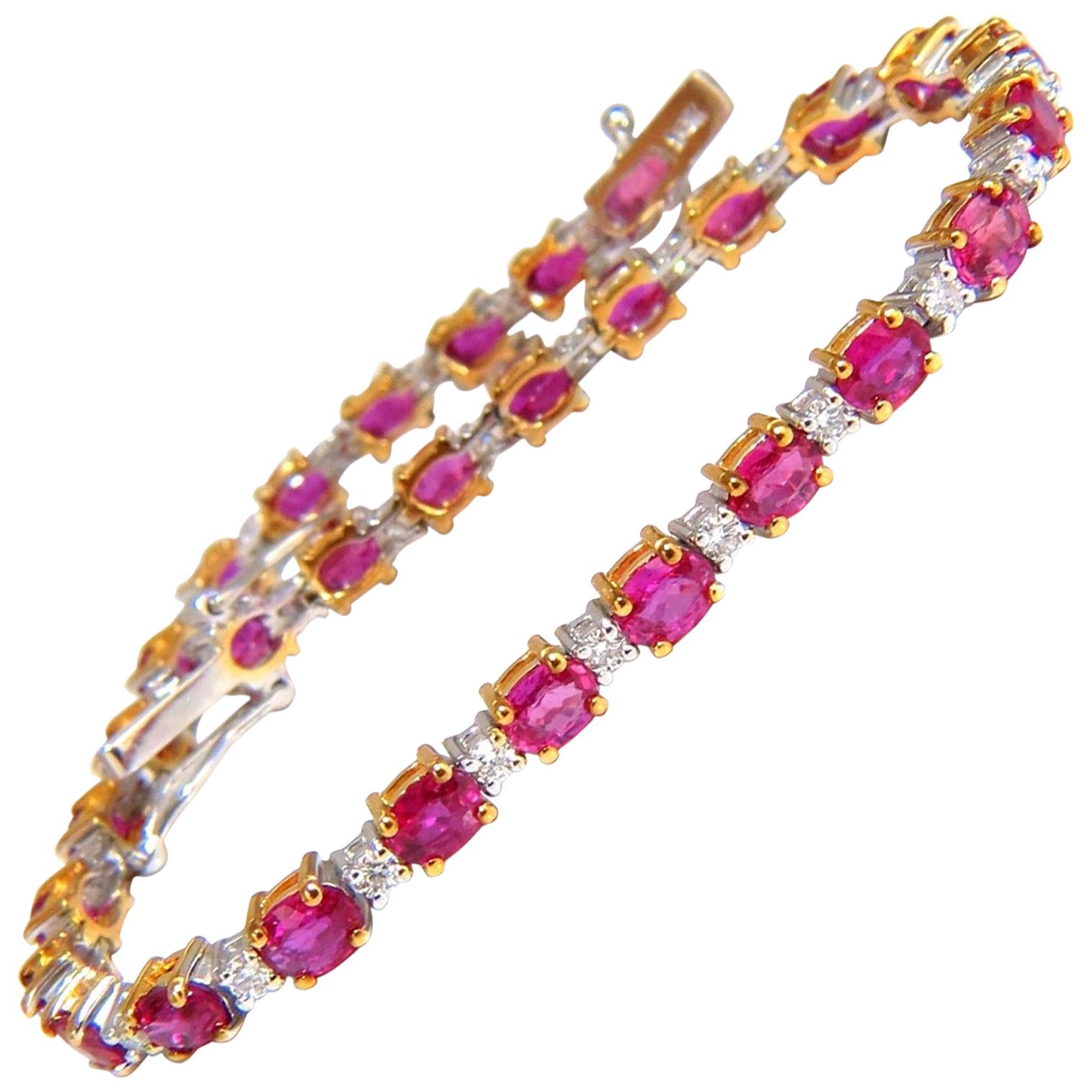 6.88 Carat Bright Red Natural Ruby Diamonds Alternating Tennis Bracelet 14 Karat