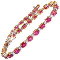 Bracelet tennis alterné en or 14 carats avec diamants et rubis naturels rouge vif de 6,88 carats