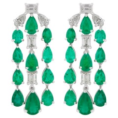 6.88 Carat Emerald Chandelier Earrings 1.95 Carat Diamond 18k White Gold Jewelry