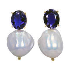 6.88 Carat Iolite and Baroque Freshwater Pearl 14 Karat Gold Drop Stud Earrings