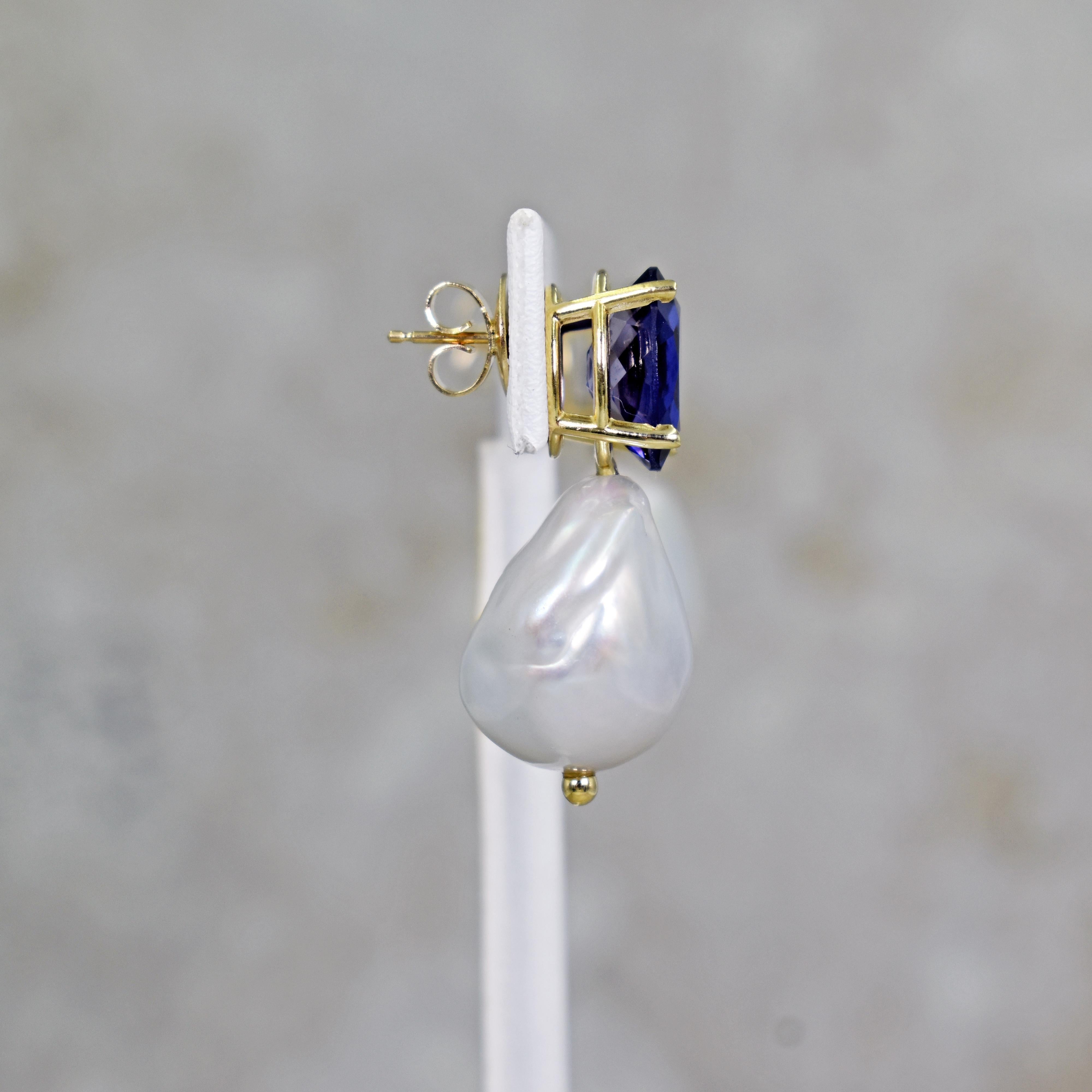 Oval Cut 6.88 Carat Iolite and Baroque Freshwater Pearl 14 Karat Gold Drop Stud Earrings For Sale