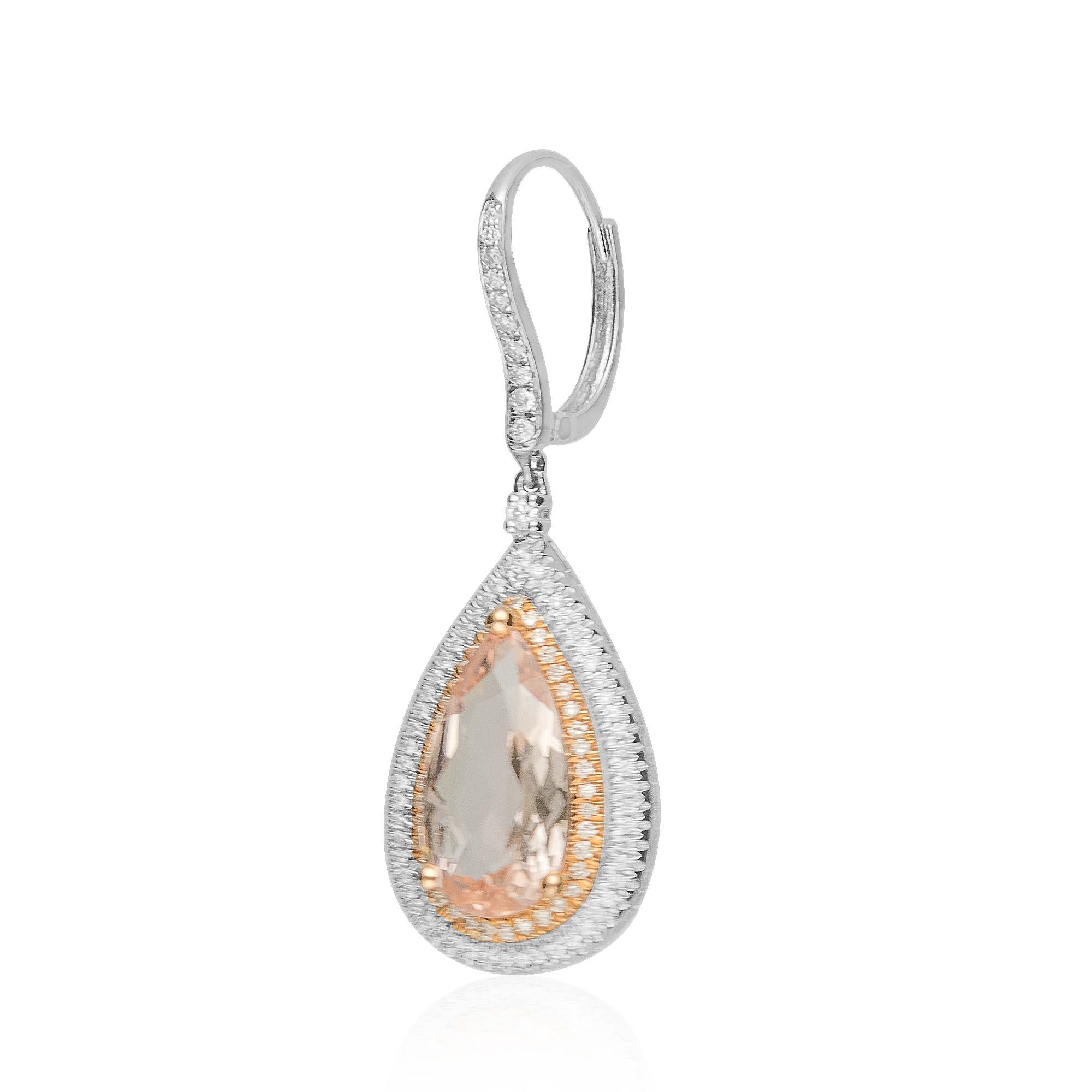 This one of a kind Lever back Earring is crafted in 14-karat rose and white Gold and features 2 Pear shaped Morganite 6.88 Carat & 208 Round Brilliant cut Diamonds 0.72 Carat. This Earring is a perfect gift either for yourself or someone you love.