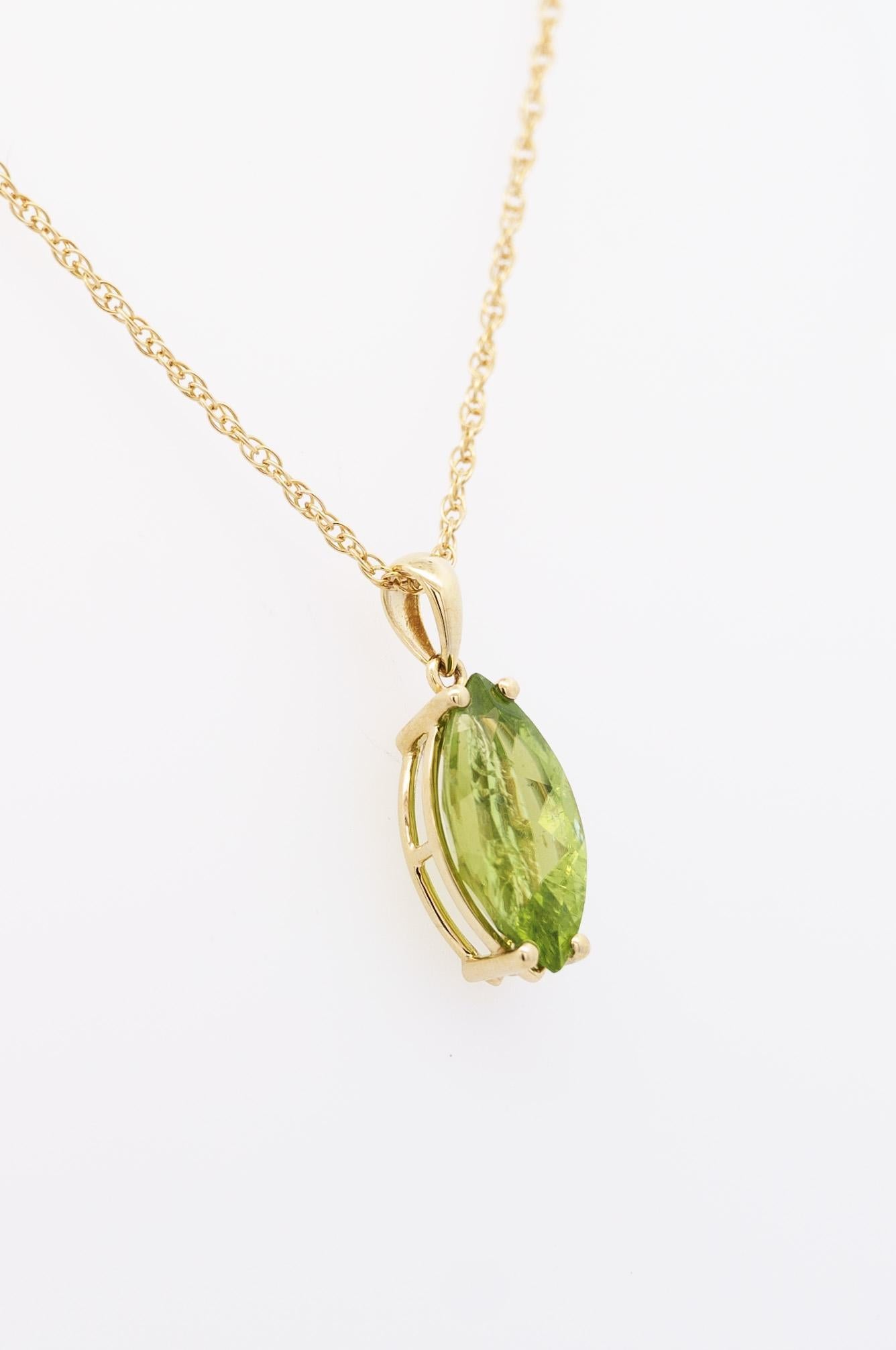 Marquise Cut 6.88 Carat Peridot Pendant Necklace in 14K Yellow Gold Rope Chain For Sale