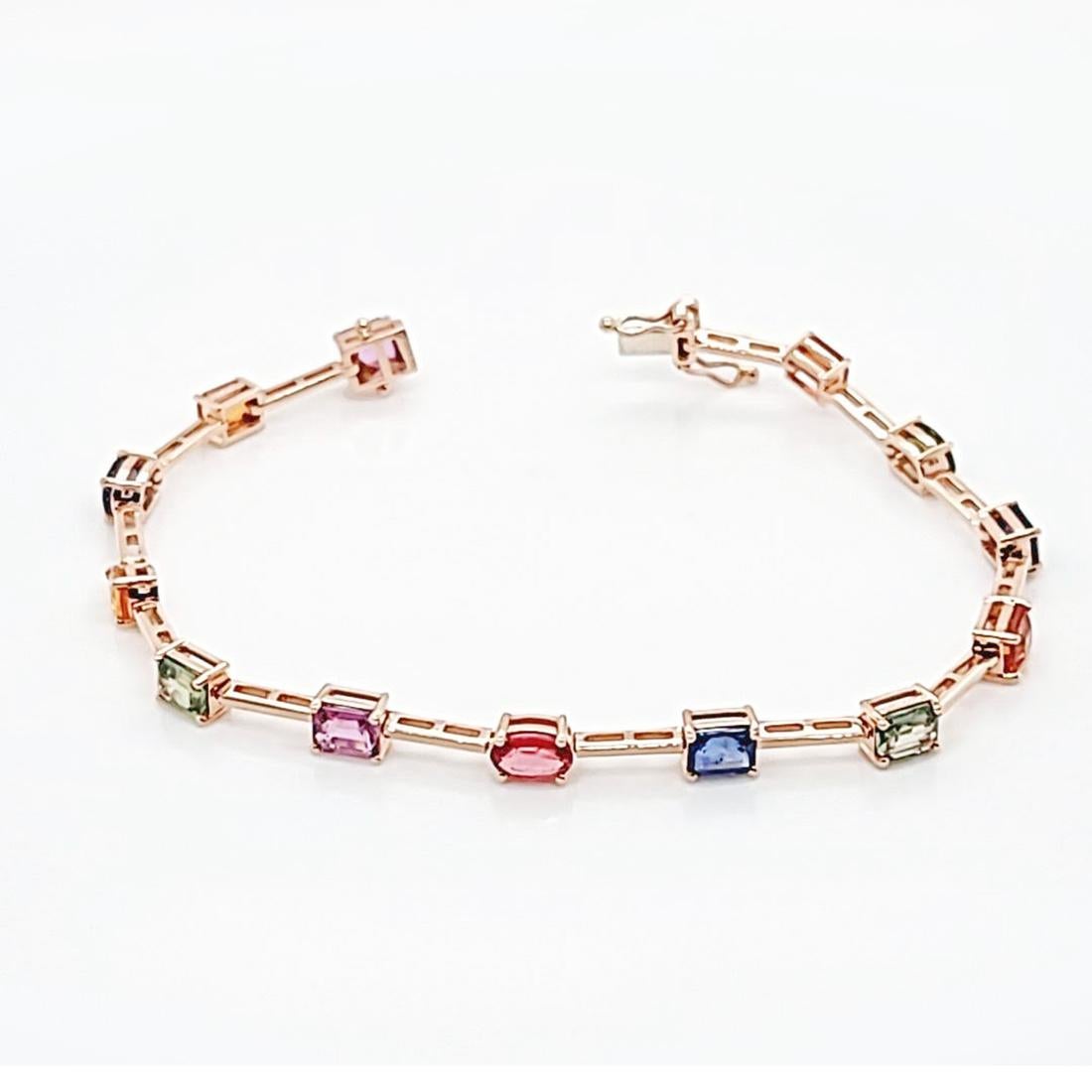Women's or Men's 6.88 CT Multi Color Sapphire in 14K Rose Gold Bracelet Size 6 3/4