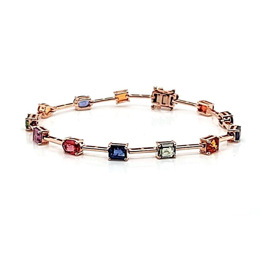 6.88 CT Multi Color Sapphire in 14K Rose Gold Bracelet Size 6 3/4