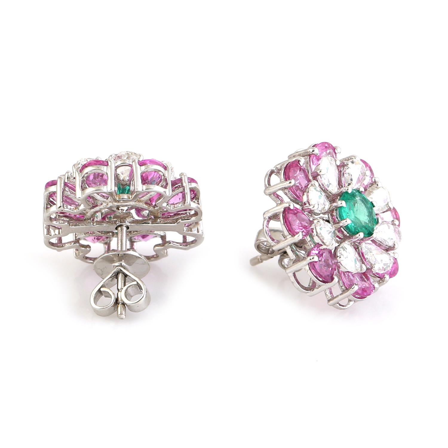 Contemporary 6.88 ct Pink Sapphire Earrings With Emerald Made In 18kt White Gold For Sale