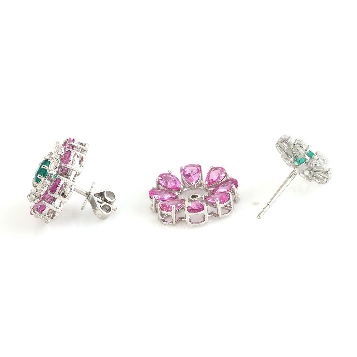 Mixed Cut 6.88 ct Pink Sapphire Earrings With Emerald Made In 18kt White Gold For Sale