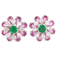 6.88 ct Pink Sapphire Earrings With Emerald Made In 18kt White Gold