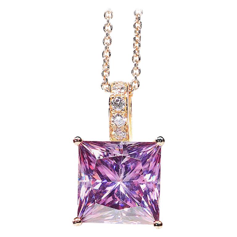 6.89 Carat Fancy Pink Radiant Cut Moissanite Diamond 18 Karat Rose Gold Necklace For Sale