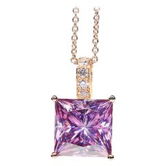 6.89 Carat Fancy Pink Radiant Cut Moissanite Diamond 18 Karat Rose Gold Necklace