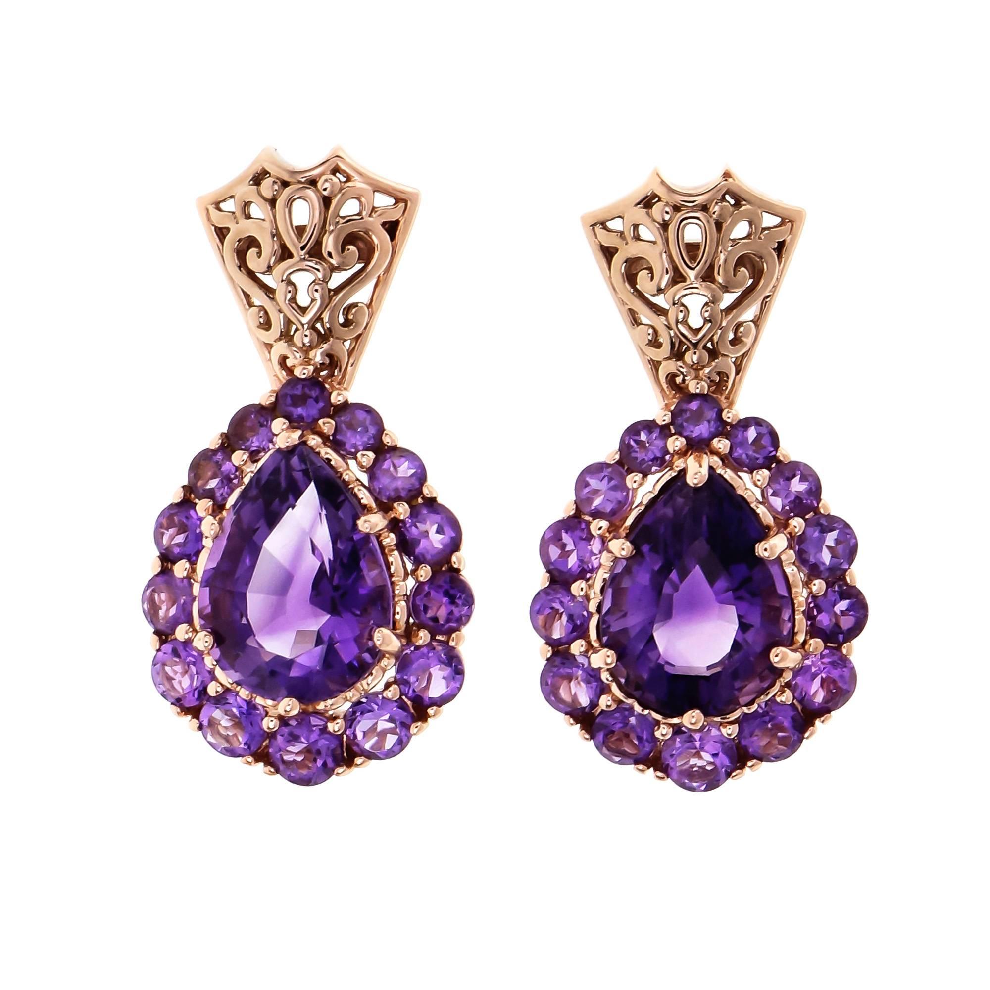6.89 Carat Purple Amethyst Rose Gold Dangle Earrings For Sale