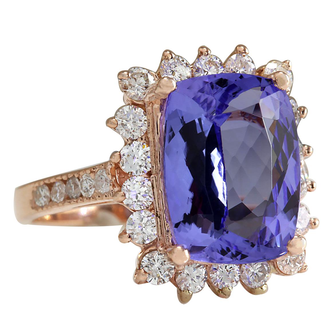 6.89 Carat Tanzanite 14 Karat Rose Gold Diamond Ring
Stamped: 14K Rose Gold
Total Ring Weight: 6.2 Grams
Total  Tanzanite Weight is 5.69 Carat (Measures: 12.00x10.00 mm)
Color: Blue
Total  Diamond Weight is 1.20 Carat
Color: F-G, Clarity: