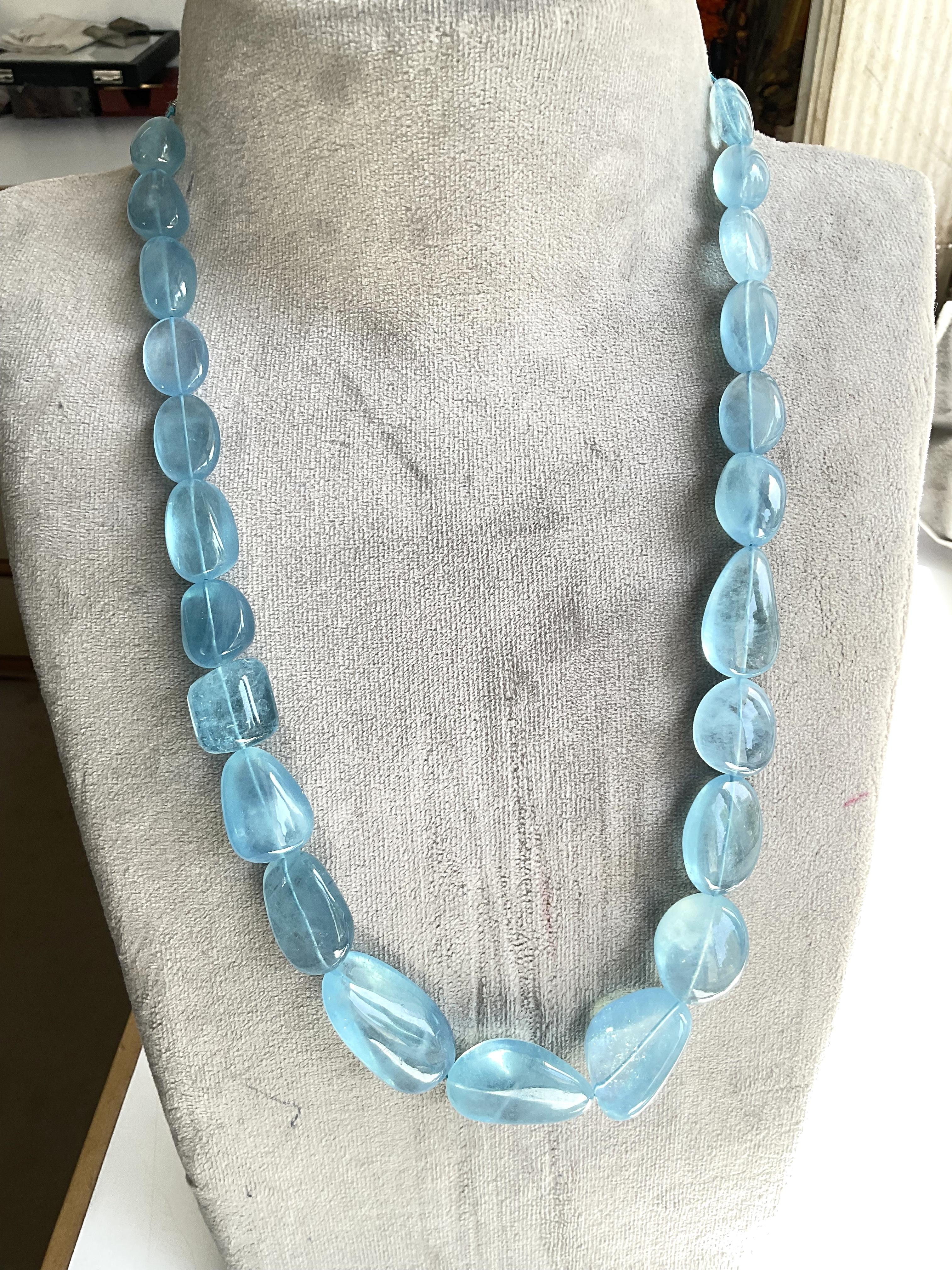 Tumbled 689.65 cts Aquamarine necklace smooth 1 Strand Necklace Top Quality Natural Gem  For Sale