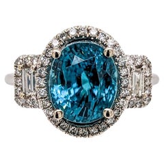 6.8ct Oval Blue Zircon Ring w Natural Diamond Accents in Solid 14K White Gold