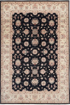 6.8x10 ft Handgeknüpfter Floral Oushak Large Area Rug in Schwarz und Beige. 100% Wolle