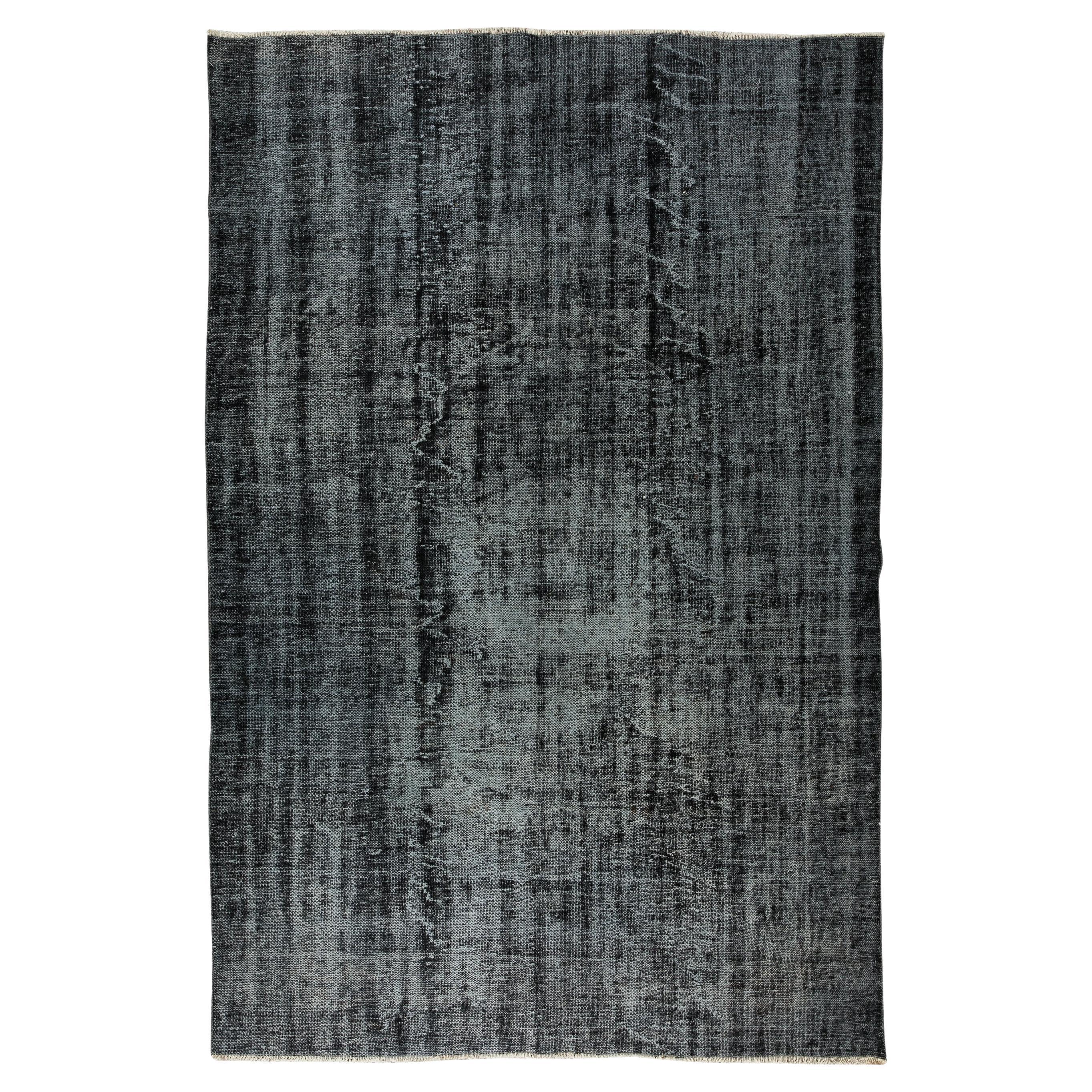 6.8x10 Ft Handmade Turkish Rug in Black for Modern Homes. Vintage Wool Carpet