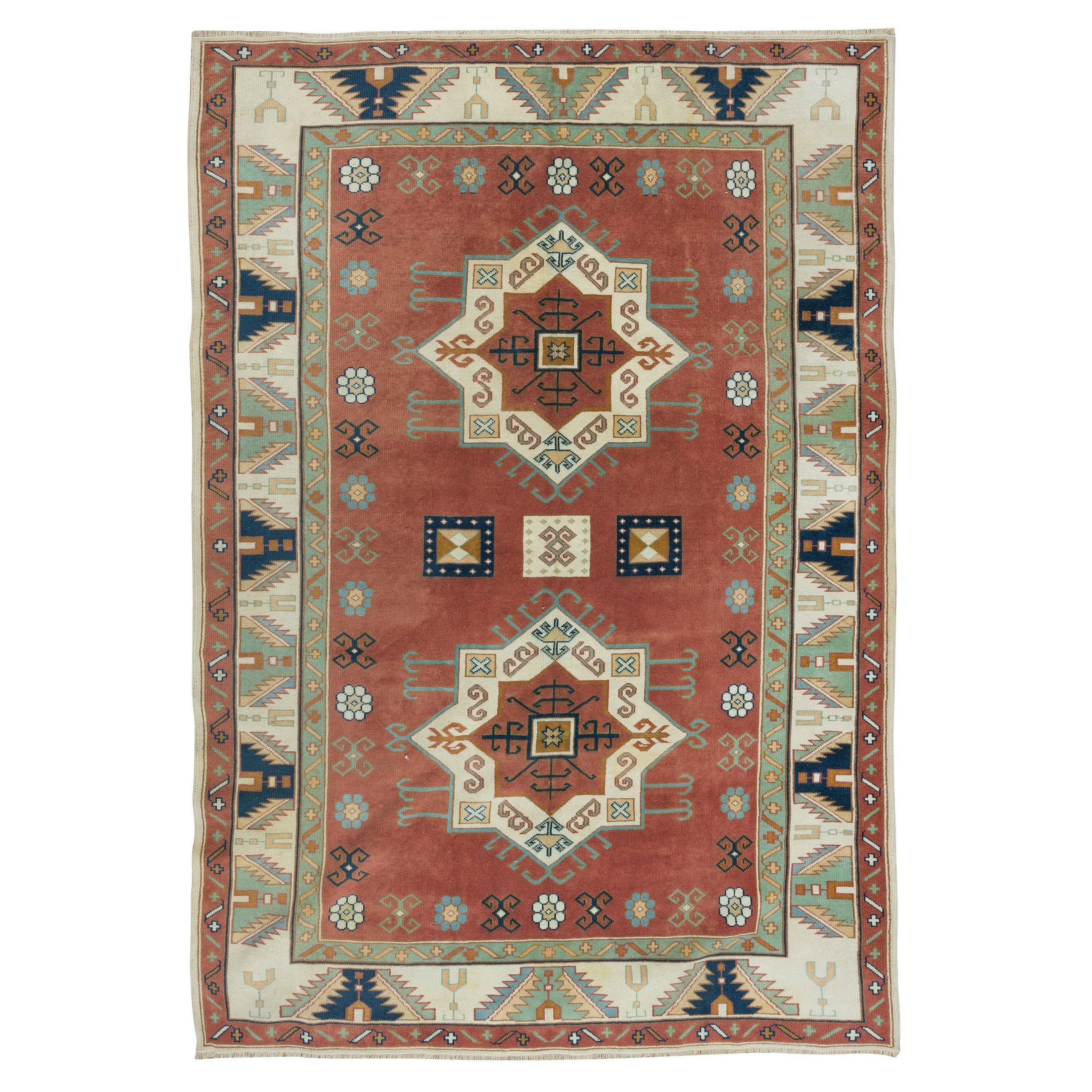Tappeto turco dal design geometrico fatto a mano, 6.8x10 Ft, tappeto moderno in lana rosso in vendita