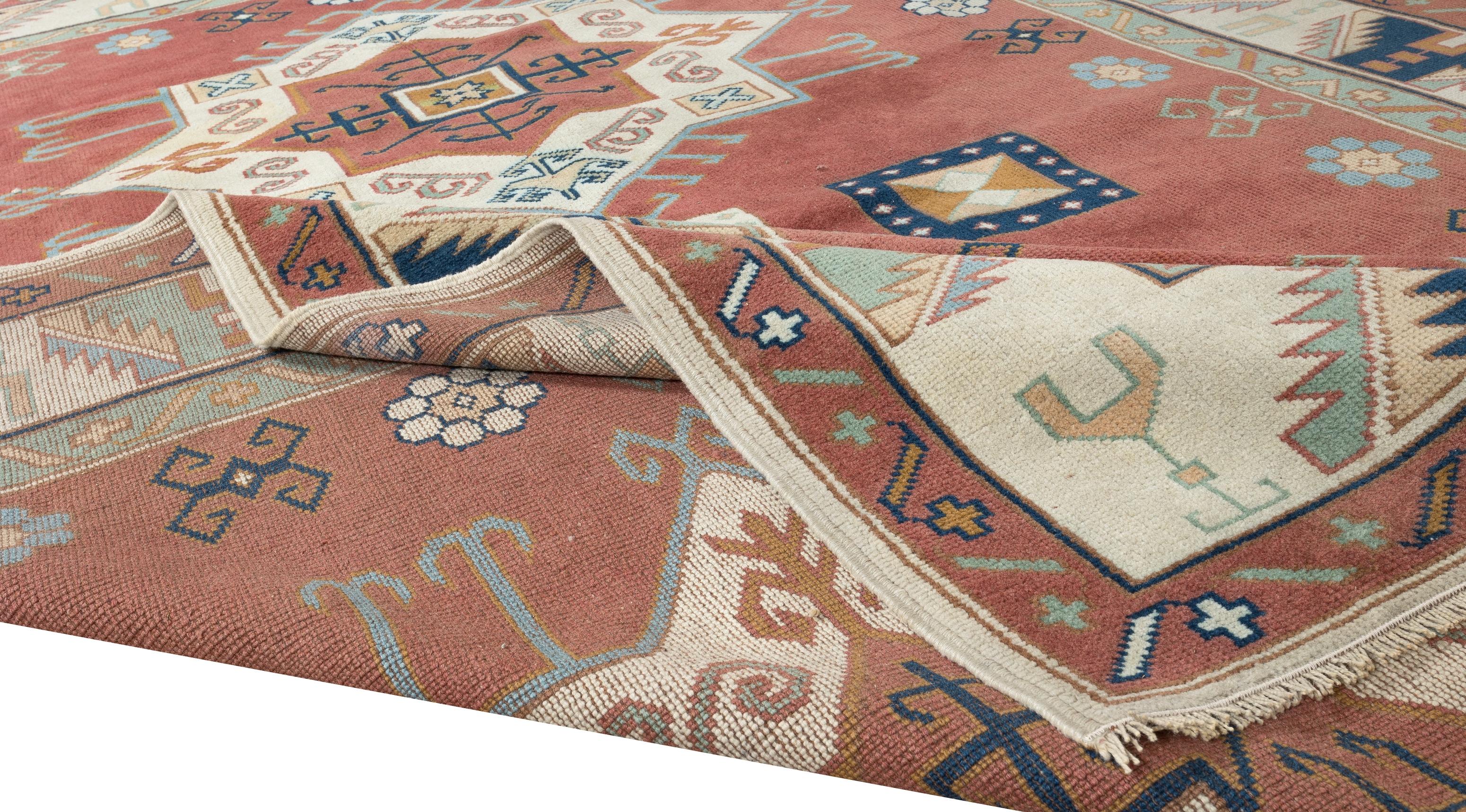 Tribal 6.8x10 Ft Handmade Geometric Design Turkish Area Rug, Vintage Wool Carpet in Red For Sale