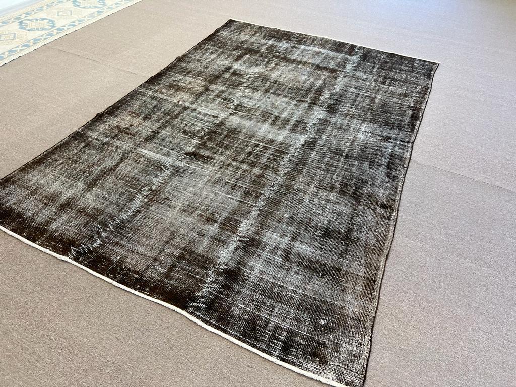 Turkish 6.8x10.2 Ft Distressed Mid-20th Century Handmade Anatolian Rug Re-Dyed in Brown For Sale