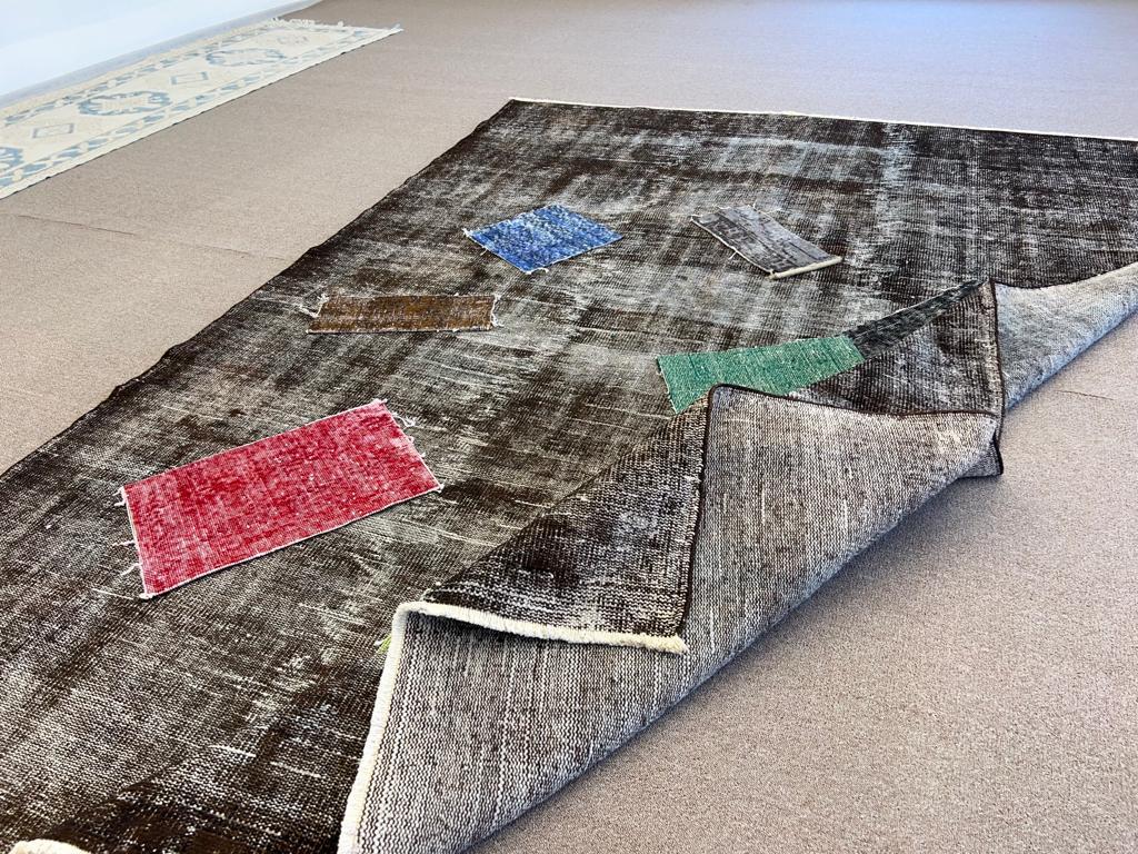 Cotton 6.8x10.2 Ft Distressed Mid-20th Century Handmade Anatolian Rug Re-Dyed in Brown For Sale