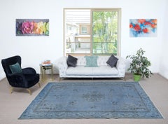 6.8x10.3 Ft Art Deco Design Blue Color Wool Area Rug, Vintage Handmade Carpet