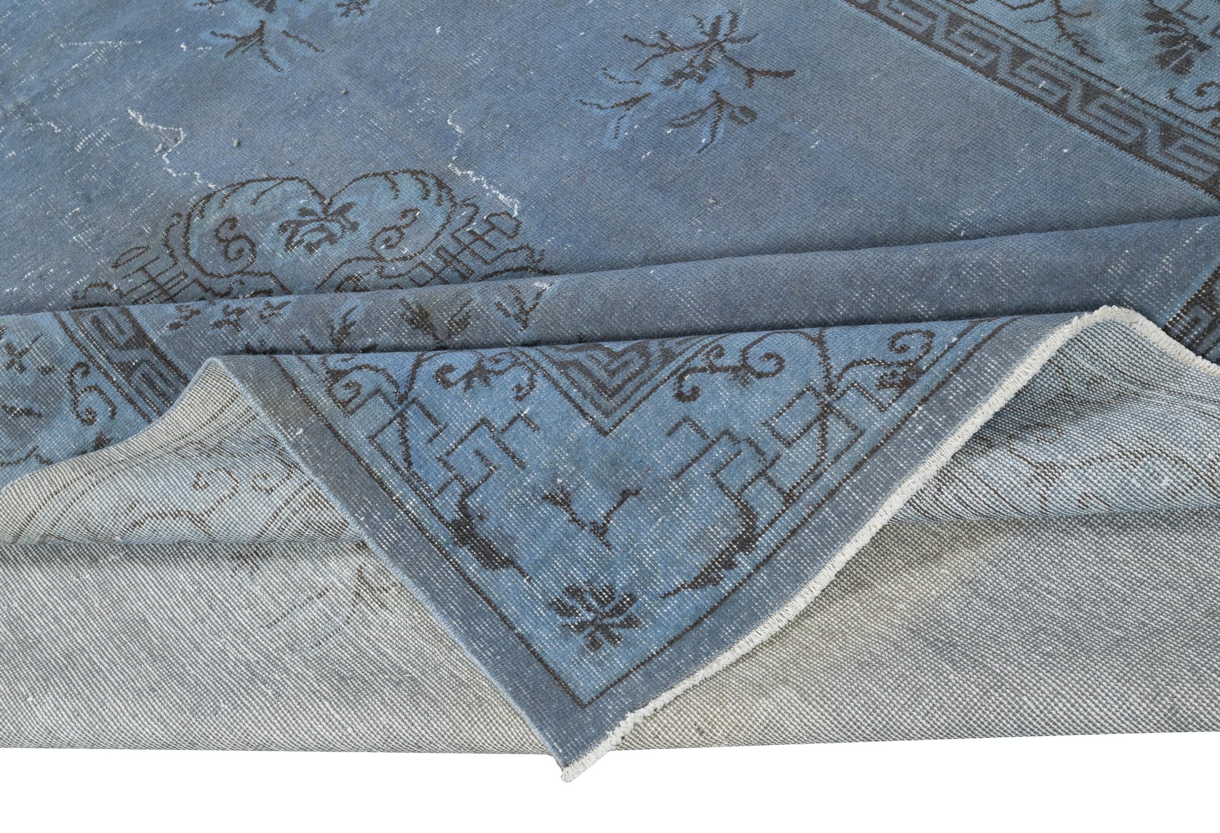 Moderno Tappeto di lana blu con design Art Deco, Tappeto vintage fatto a mano in vendita
