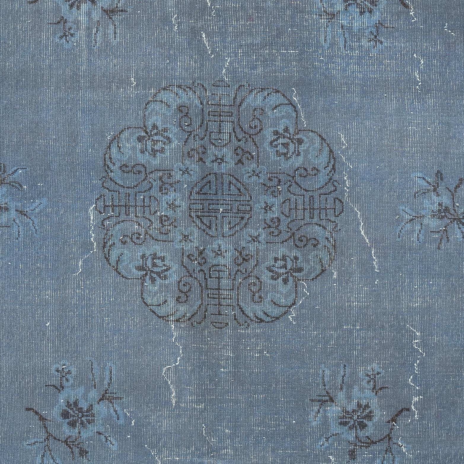 Annodato a mano Tappeto di lana blu con design Art Deco, Tappeto vintage fatto a mano in vendita