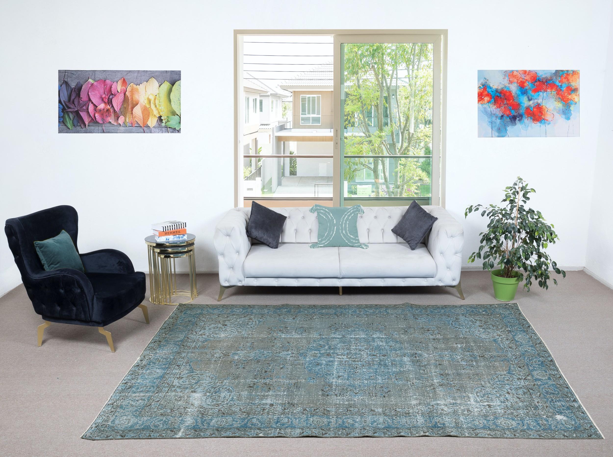 Our over-dyed rugs are all hand-knotted vintage pieces that are recreated in our workshop to cater to a wider range of interior design choices from modern to coastal, from industrial to rustic/cottage. These 50 to 70 year-old rugs were hand-knotted